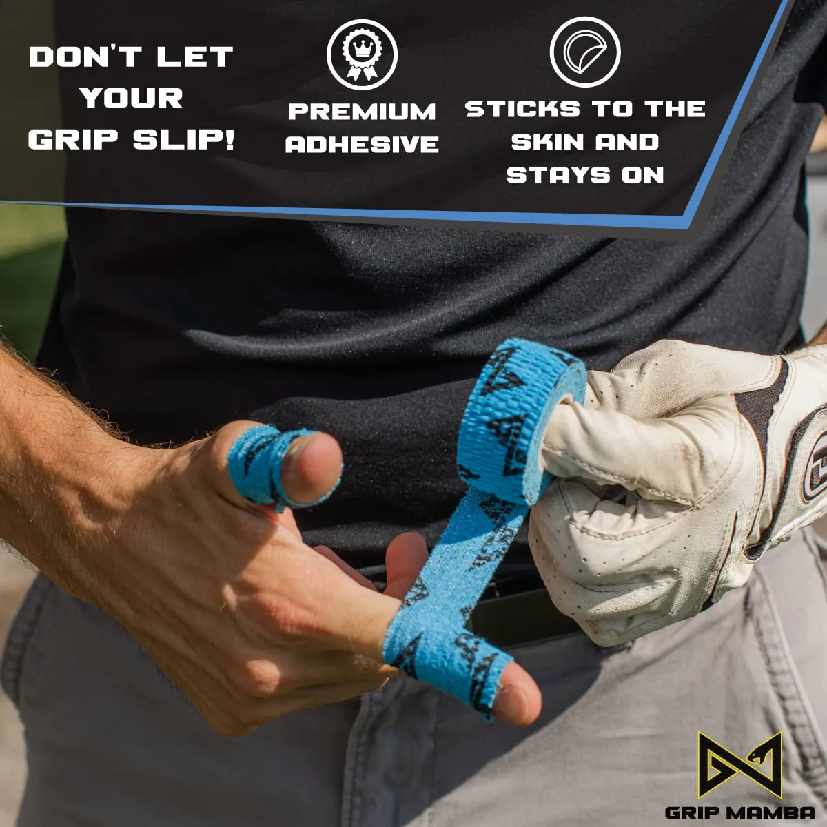 GRIP MAMBA Elastic Athletic Finger Tape, 1”Wide w/Premium Adhesive, Protects Hand Thumb Fingers Enhances Grip, Sleeve Blister Wrap for Sports, Golf, Tennis, Basketball, Pickleball (Blue, 6 Rolls)