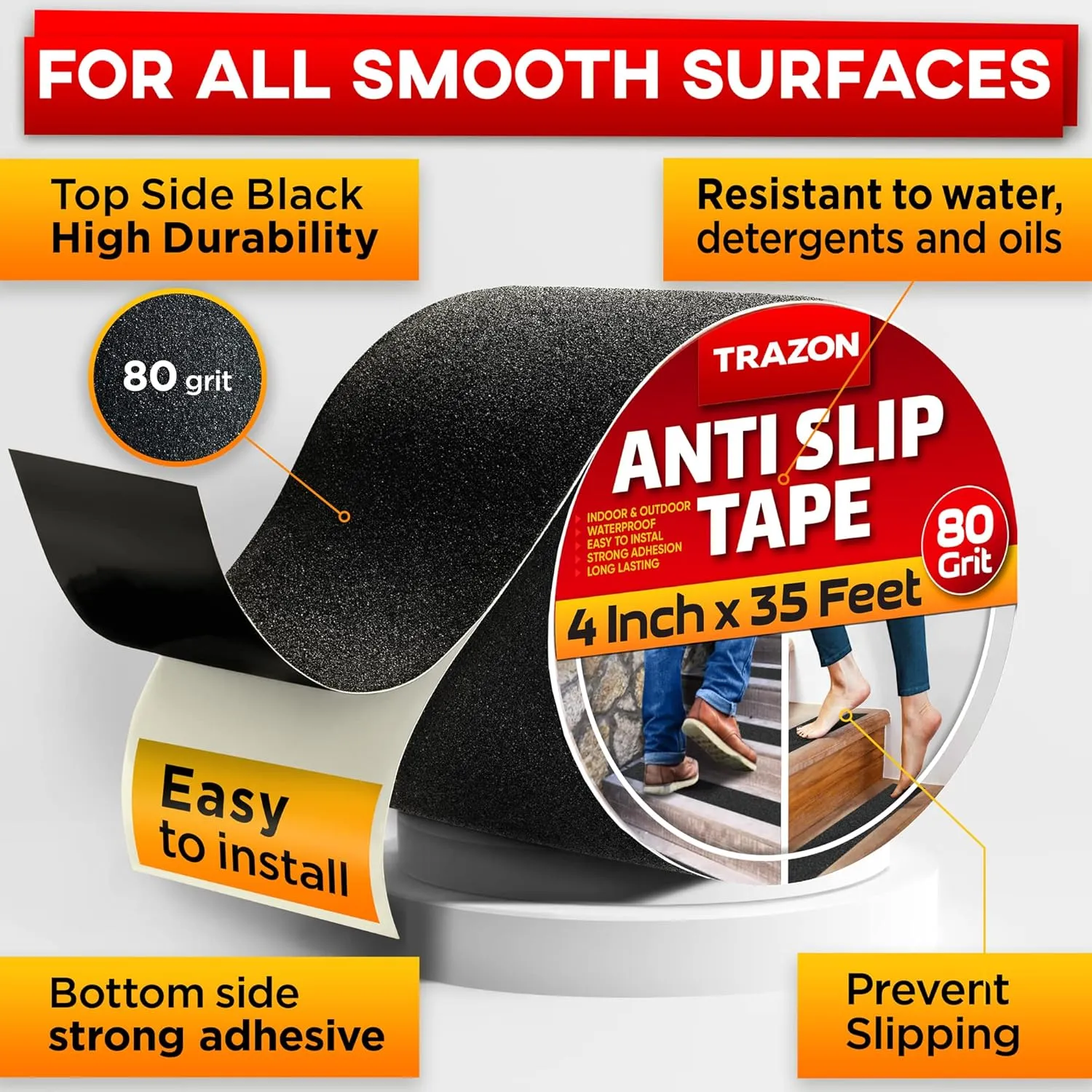 Grip Tape - Heavy Duty Anti Slip Tape for Stairs Outdoor/Indoor Waterproof 4Inch x 35Ft Safety Non Skid Roll for Stair Steps Ramp Traction Tread Staircases Grips Adhesive Non Slip Strips Walk Black