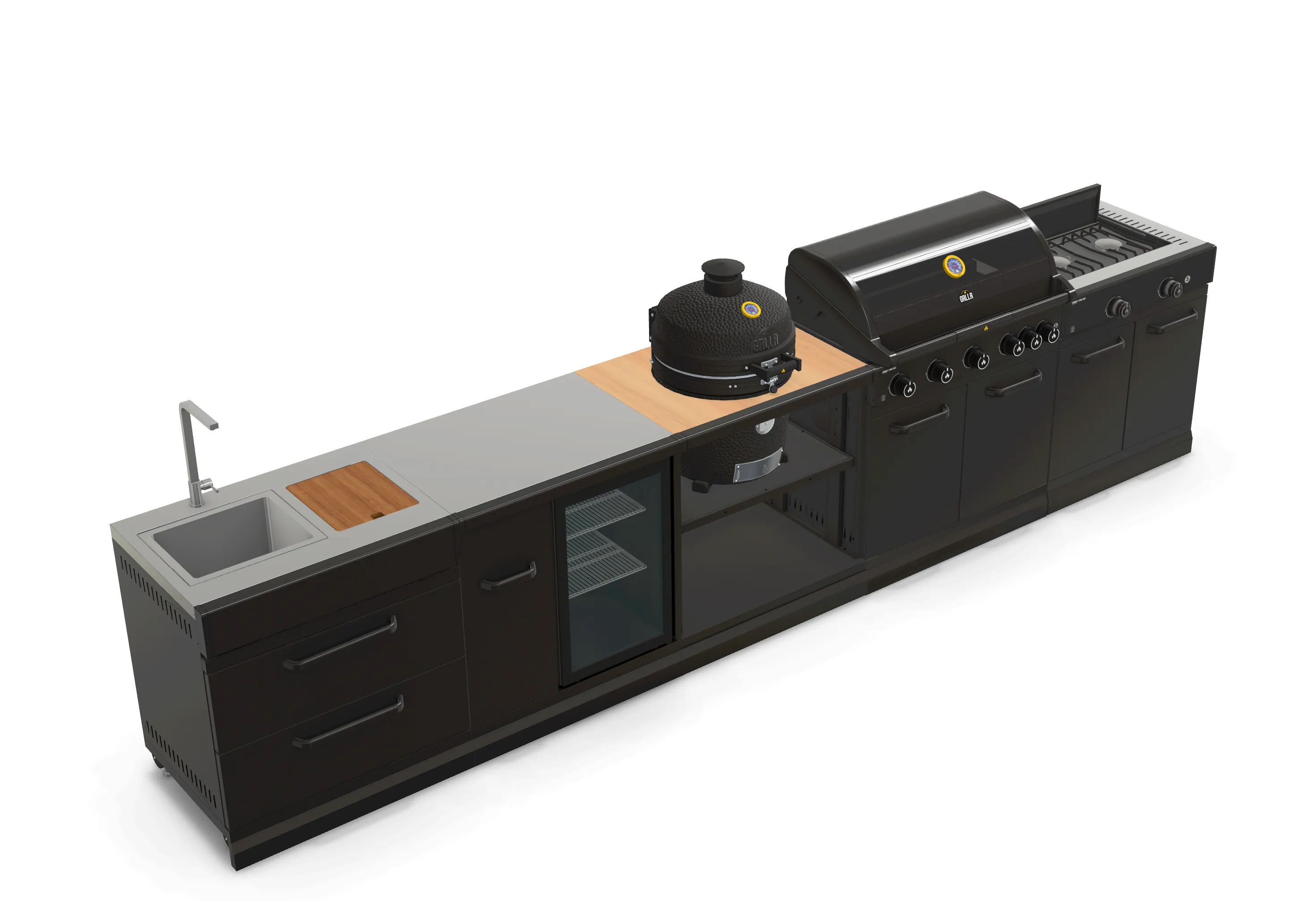 GRLLR Outdoor Kitchen 5 Burner BBQ, Stove unit,Fridge, Sink and Kamado