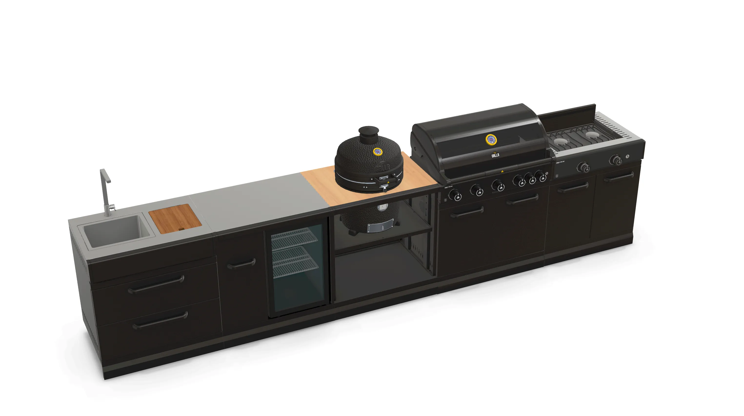 GRLLR Outdoor Kitchen 5 Burner BBQ, Stove unit,Fridge, Sink and Kamado