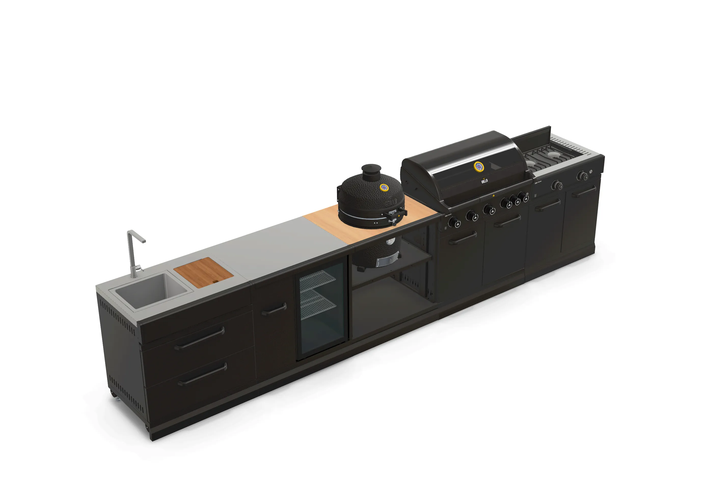 GRLLR Outdoor Kitchen 5 Burner BBQ, Stove unit,Fridge, Sink and Kamado