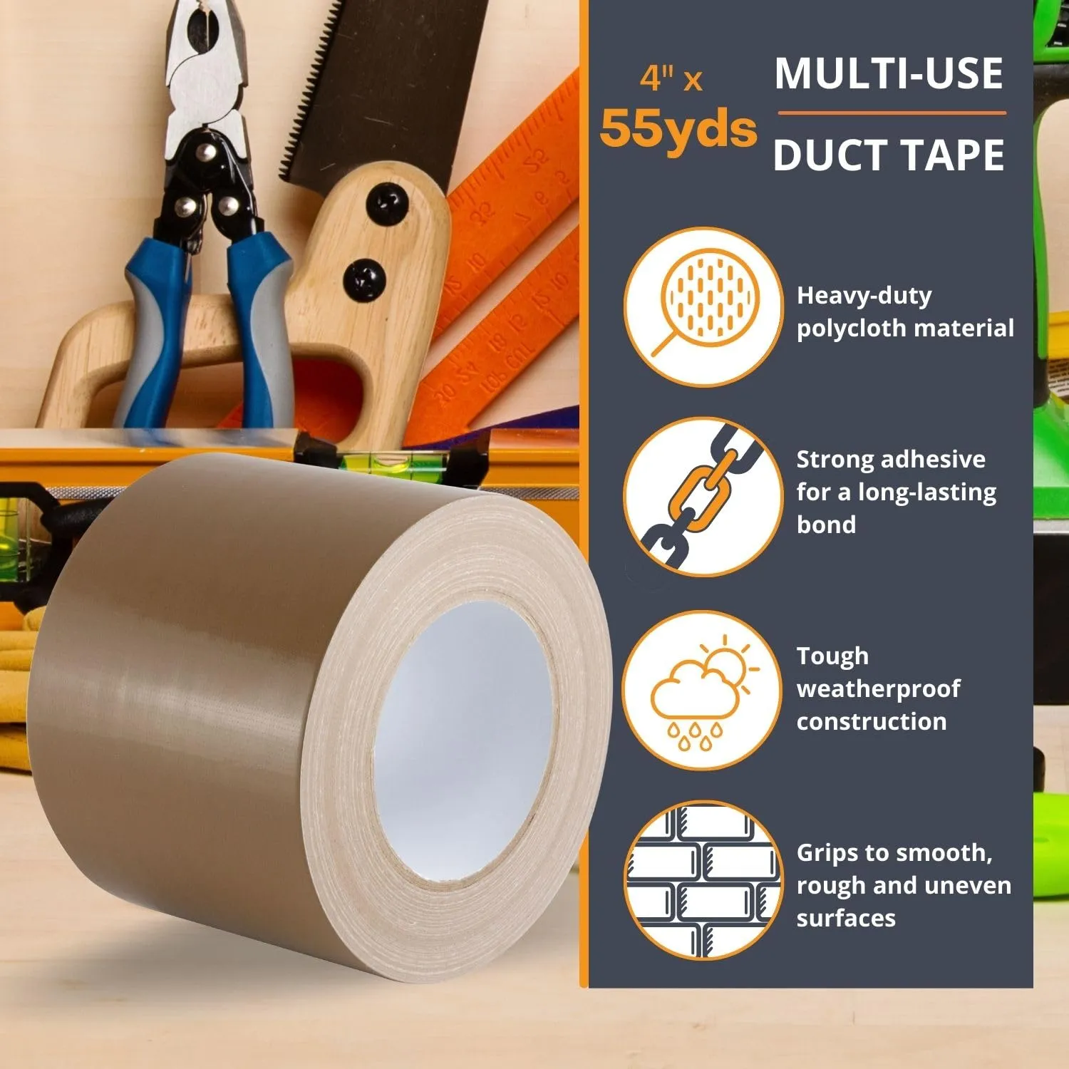GTSE Wide Duct Tape, Brown, 4 Inches x 55 Yards (164 ft), Heavy Duty, Waterproof Repair Tape for Indoor or Outdoor Use, 1 Roll