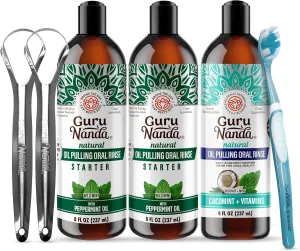 GuruNanda Ultimate Natural Teeth Brightening Bundle - Coconut & Peppermint Oil Pulling (2 Pack) & CocoMint Oil Pulling for a Naturally Bright Smile & Happy Gums