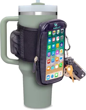 Gym Water Bottle Pouch with Waterproof Touchscreen Accessory Pocket for Phone. Keychain Carabiner, Side Mesh Pocket for AirPods. Fits 18-40 oz Stanley, Hydro Flask, Yeti, Iron Flask Bottles