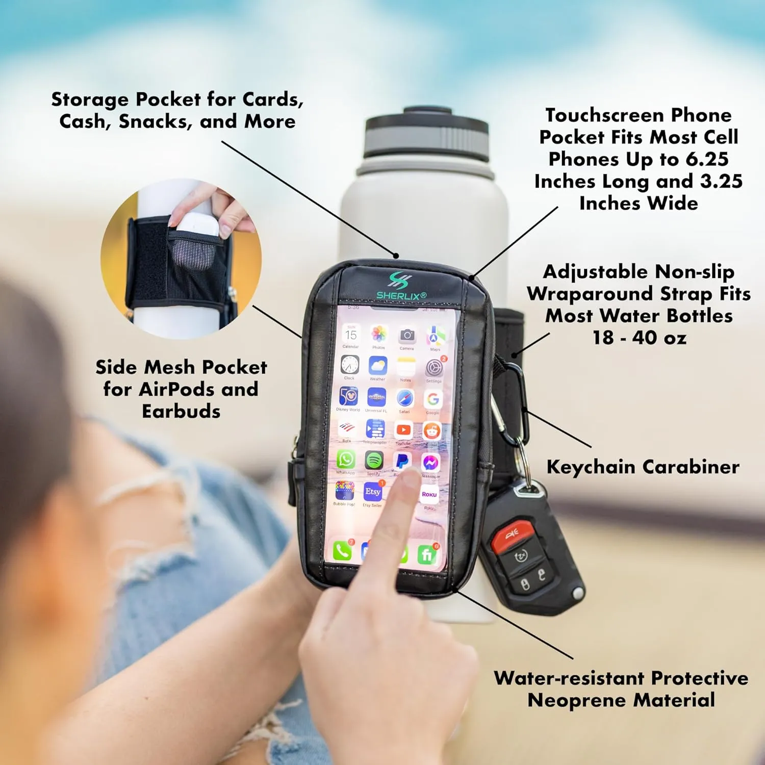 Gym Water Bottle Pouch with Waterproof Touchscreen Accessory Pocket for Phone. Keychain Carabiner, Side Mesh Pocket for AirPods. Fits 18-40 oz Stanley, Hydro Flask, Yeti, Iron Flask Bottles
