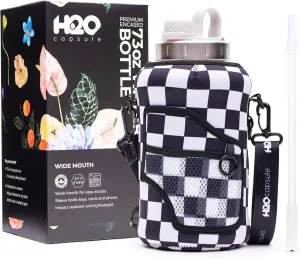 H2O Capsule 2.2L Half Gallon Wide Mouth Water Bottle with Storage Sleeve and Removable Straw - Hydration Tracker Jug with Measurements Marked – Shatterproof BPA-Free, (Check Mate)