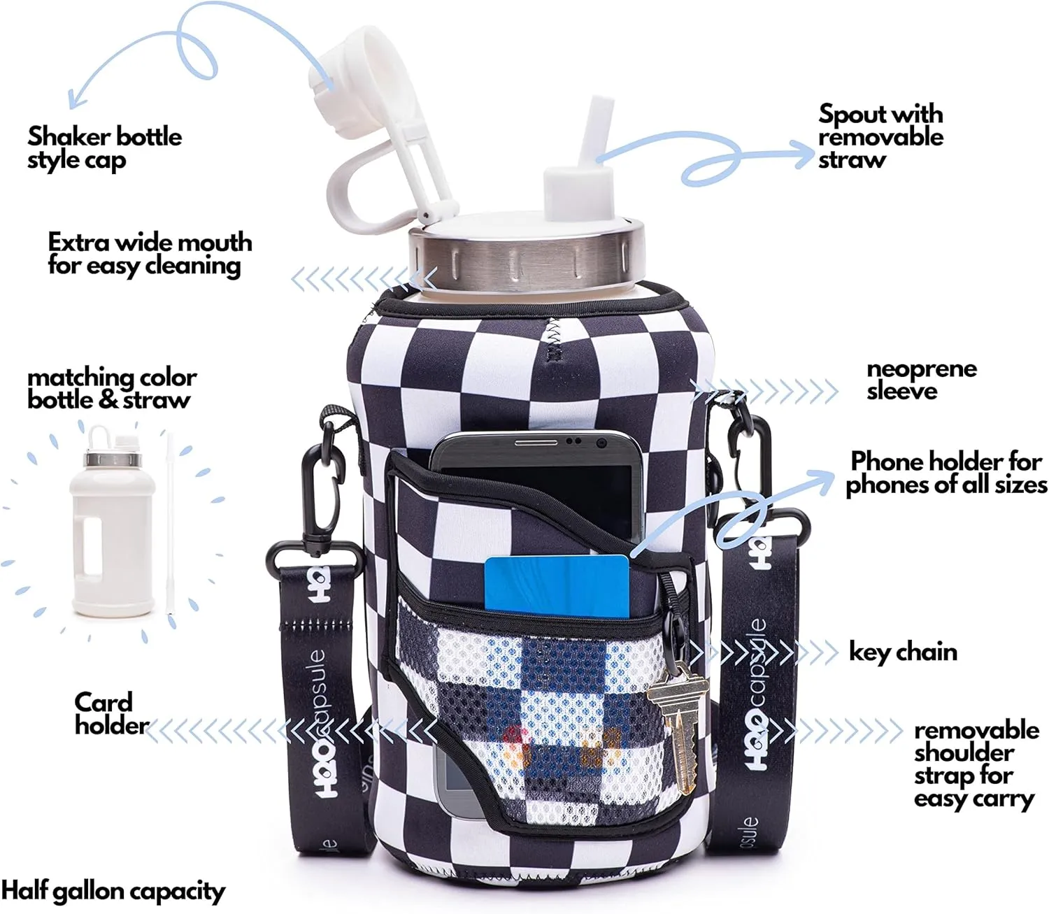 H2O Capsule 2.2L Half Gallon Wide Mouth Water Bottle with Storage Sleeve and Removable Straw - Hydration Tracker Jug with Measurements Marked – Shatterproof BPA-Free, (Check Mate)