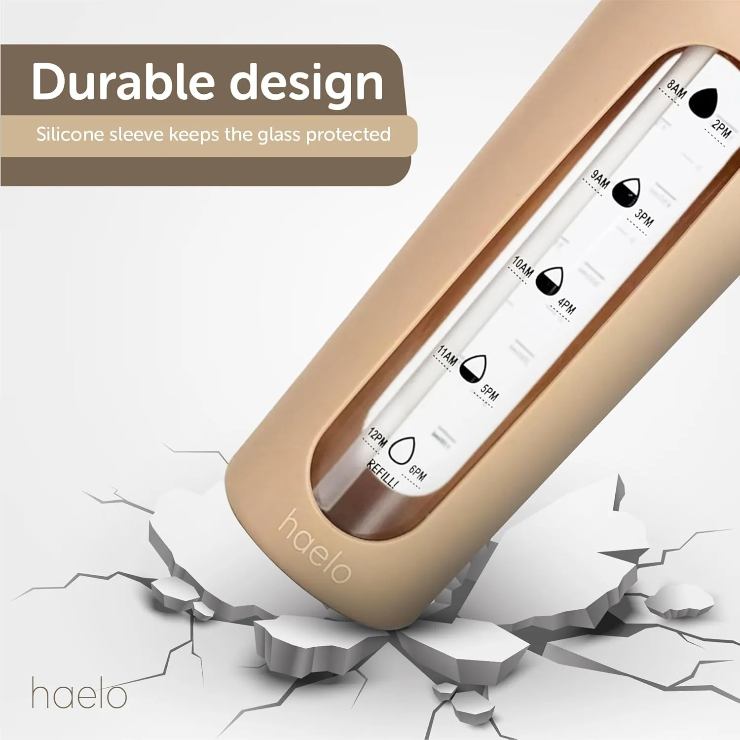 haelo 24oz Glass Motivational Water Bottle with Flip Lid Straw, Silicone Protective Sleeve, Handle, Reusable BPA Free (Amber)