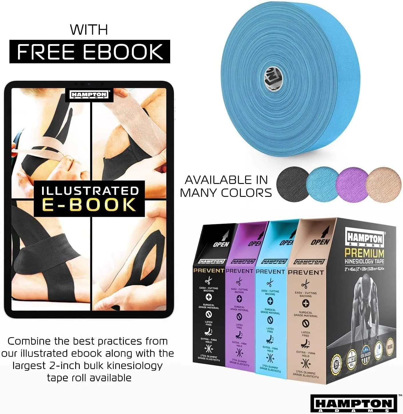 Hampton Adams | As Seen on Shark Tank | Elastic Kinesiology Tape (Bulk Roll) | 135ft Uncut | Supports & Protects Muscle Wrist Knee Shoulder Back Plantar Fasciitis | Waterproof Hypoallergenic