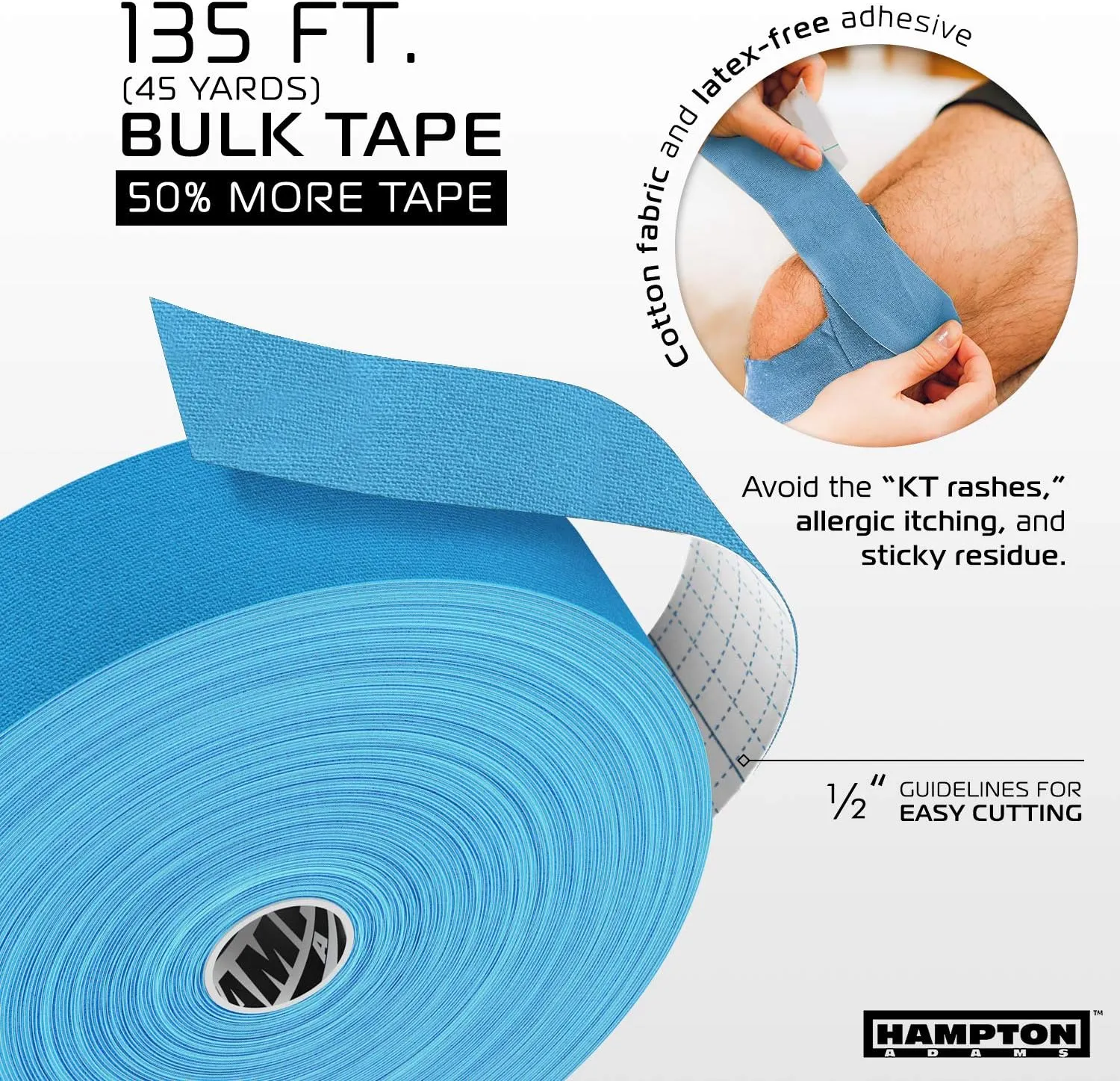 Hampton Adams | As Seen on Shark Tank | Elastic Kinesiology Tape (Bulk Roll) | 135ft Uncut | Supports & Protects Muscle Wrist Knee Shoulder Back Plantar Fasciitis | Waterproof Hypoallergenic