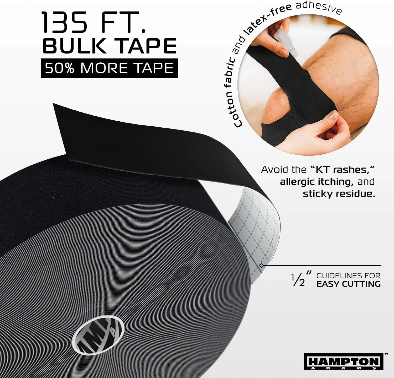 Hampton Adams | As Seen on Shark Tank | Elastic Kinesiology Tape (Bulk Roll) | 135ft Uncut | Supports & Protects Muscle Wrist Knee Shoulder Back Plantar Fasciitis | Waterproof Hypoallergenic