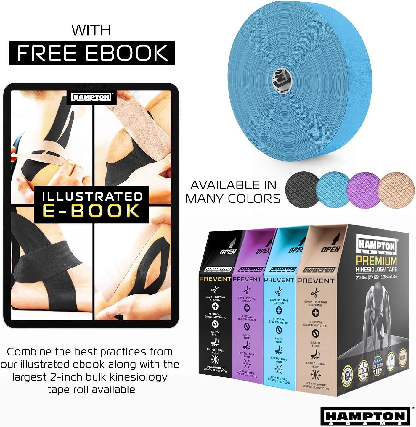 Hampton Adams | As Seen on Shark Tank | Elastic Kinesiology Tape (Bulk Roll) | 135ft Uncut | Supports & Protects Muscle Wrist Knee Shoulder Back Plantar Fasciitis | Waterproof Hypoallergenic