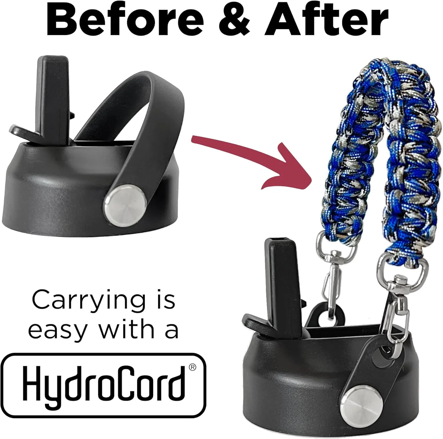Handle for Hydro Flask Water Bottle Lids, Paracord Clip-on Handle Accessory with Shoulder Strap