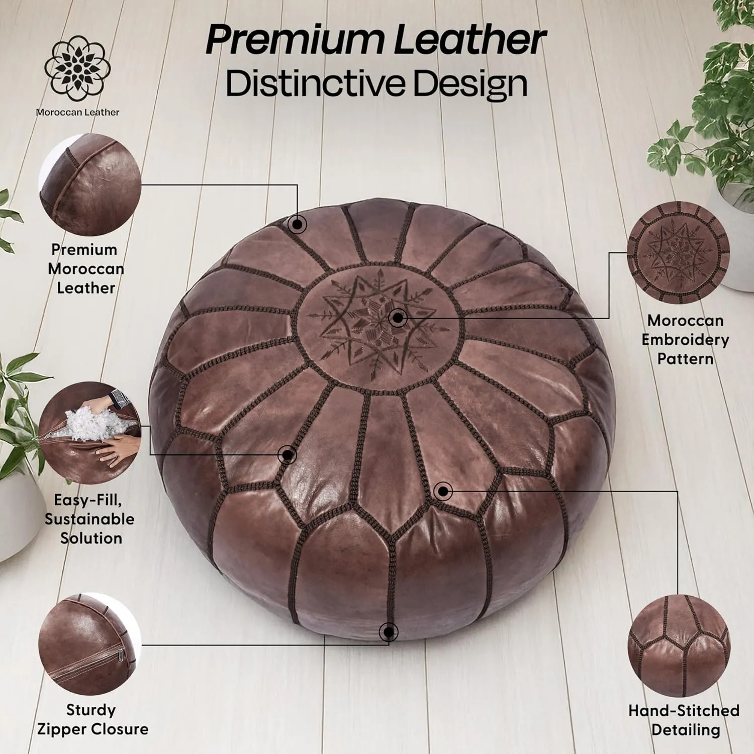Handmade Moroccan Genuine Leather Pouf Ottoman Cover – Unstuffed Foot Stool Ottoman, Boho Foot Rest Under Desk, Round Ottoman for Living Room, Bedroom - Housewarming Gifts New Home, Weddings Gifts