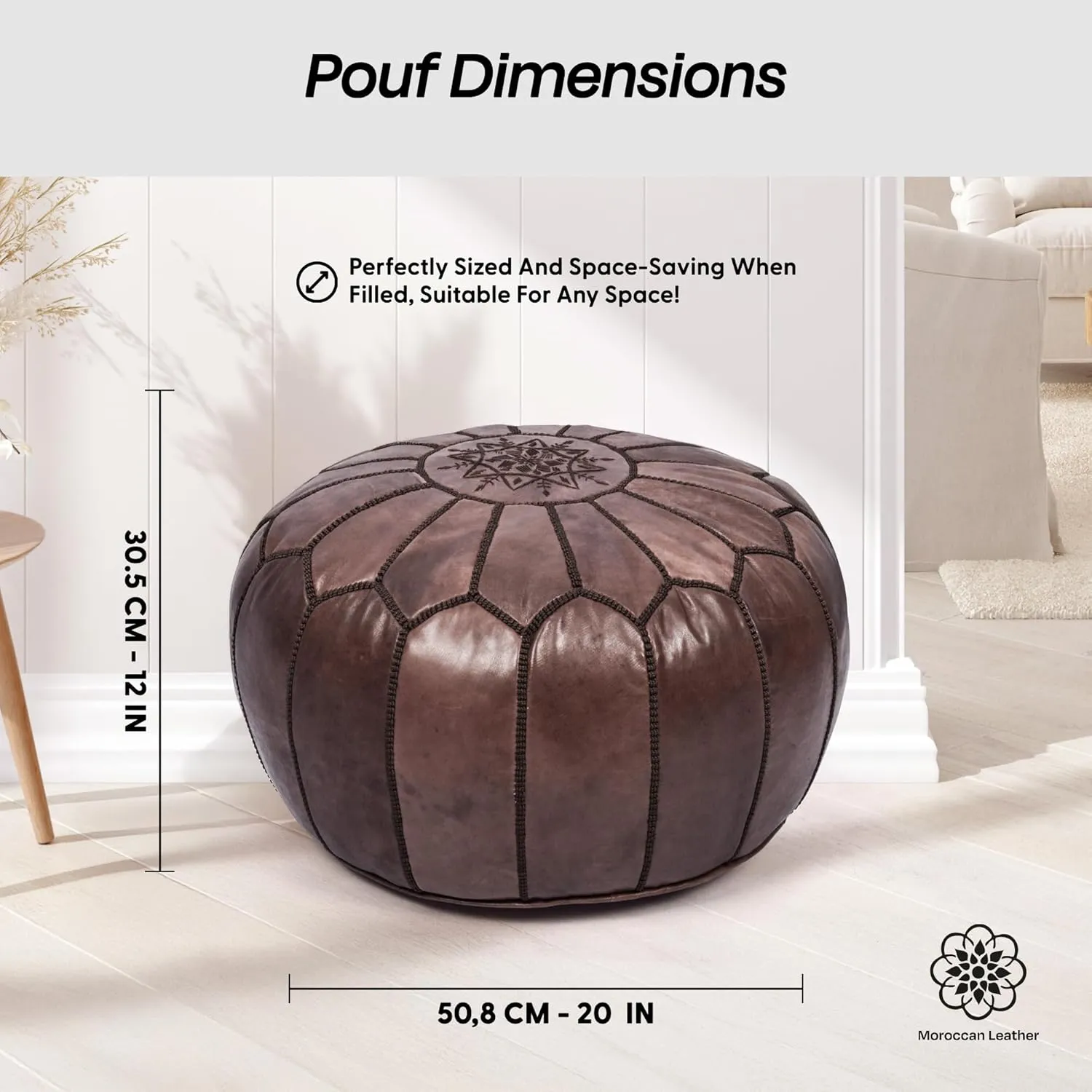 Handmade Moroccan Genuine Leather Pouf Ottoman Cover – Unstuffed Foot Stool Ottoman, Boho Foot Rest Under Desk, Round Ottoman for Living Room, Bedroom - Housewarming Gifts New Home, Weddings Gifts