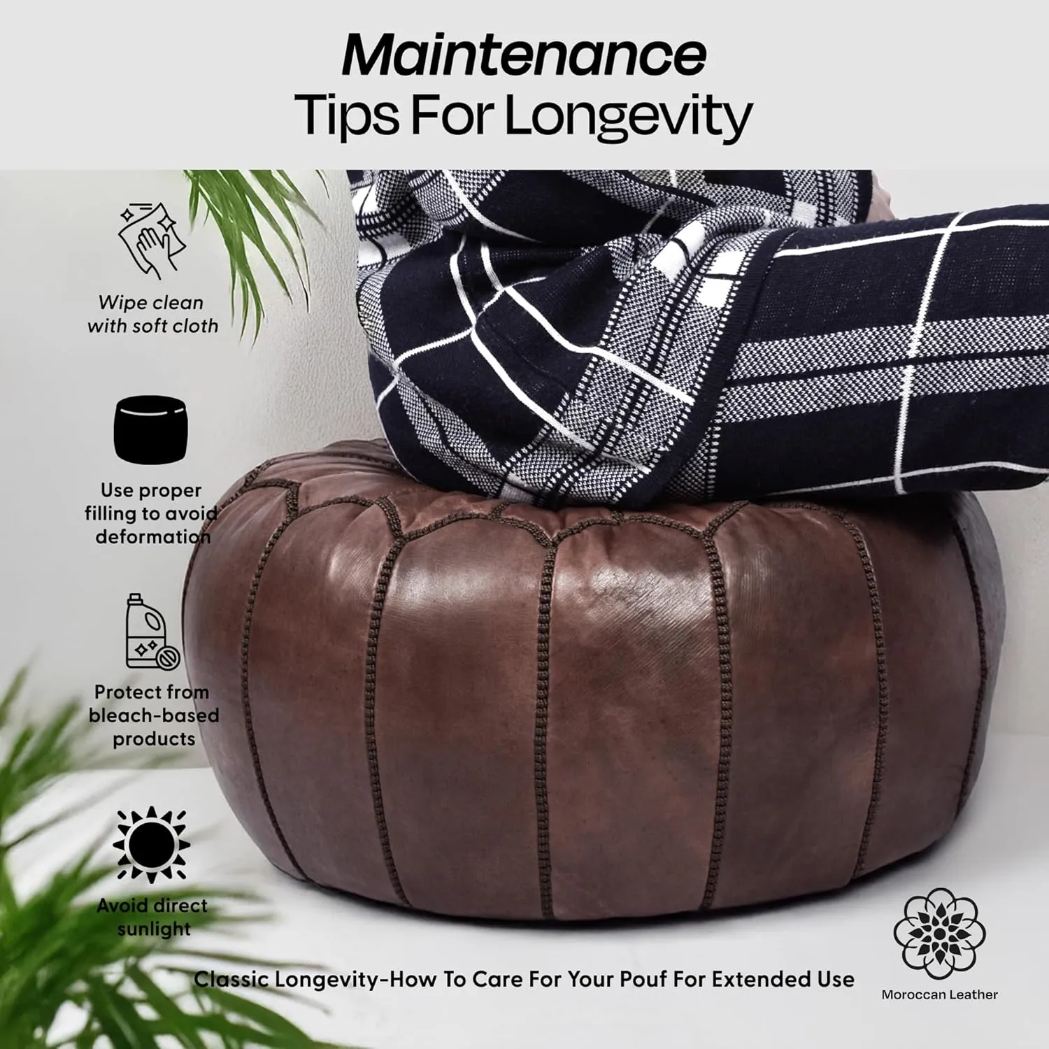 Handmade Moroccan Genuine Leather Pouf Ottoman Cover – Unstuffed Foot Stool Ottoman, Boho Foot Rest Under Desk, Round Ottoman for Living Room, Bedroom - Housewarming Gifts New Home, Weddings Gifts