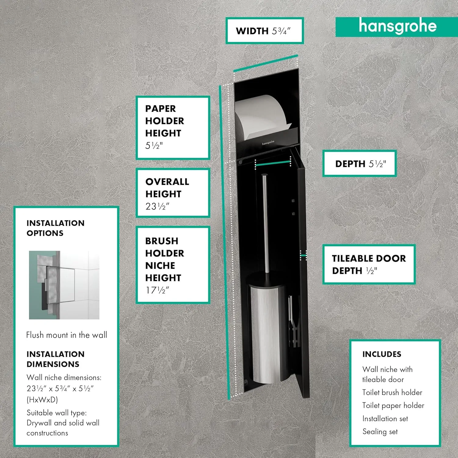 hansgrohe XtraStoris Rock Recessed Toilet Brush Holder with Toilet Paper Holder & Tileable Door in Matte White, 56062700