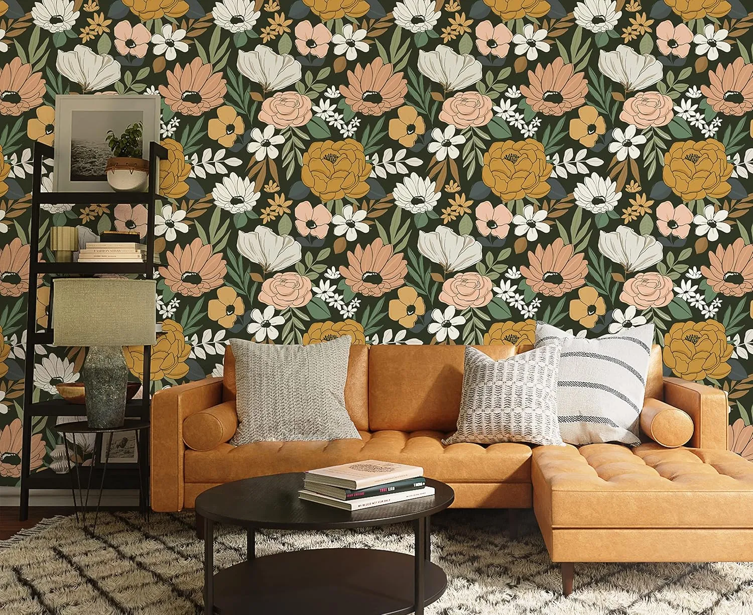 HAOKHOME Vintage Large Floral Peel and Stick Wallpaper Removable Daisy Leaf Black/Sand/Oliva Vinyl Self Adhesive Mural 17.7in x 32.8ft