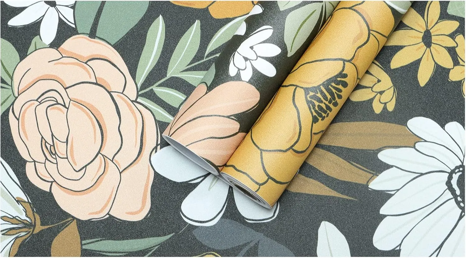 HAOKHOME Vintage Large Floral Peel and Stick Wallpaper Removable Daisy Leaf Black/Sand/Oliva Vinyl Self Adhesive Mural 17.7in x 32.8ft