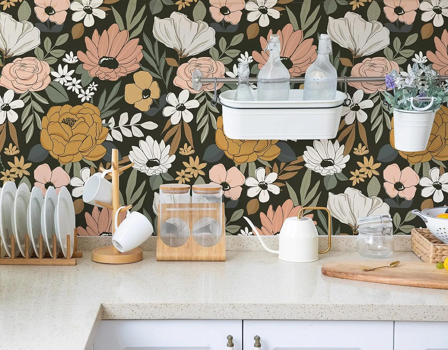 HAOKHOME Vintage Large Floral Peel and Stick Wallpaper Removable Daisy Leaf Black/Sand/Oliva Vinyl Self Adhesive Mural 17.7in x 32.8ft