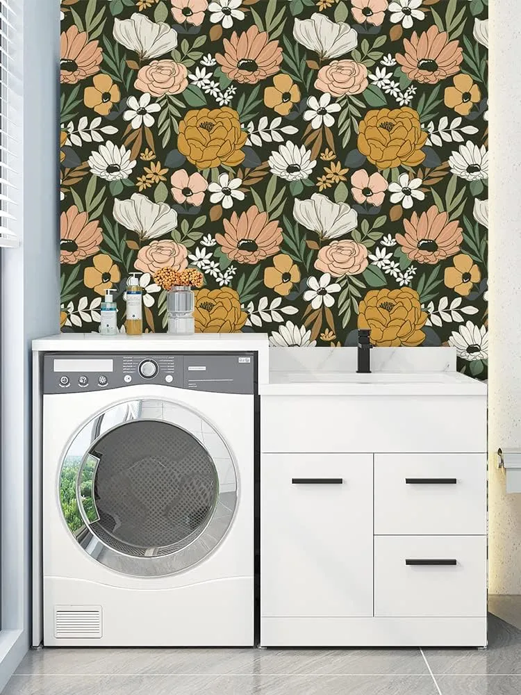 HAOKHOME Vintage Large Floral Peel and Stick Wallpaper Removable Daisy Leaf Black/Sand/Oliva Vinyl Self Adhesive Mural 17.7in x 32.8ft