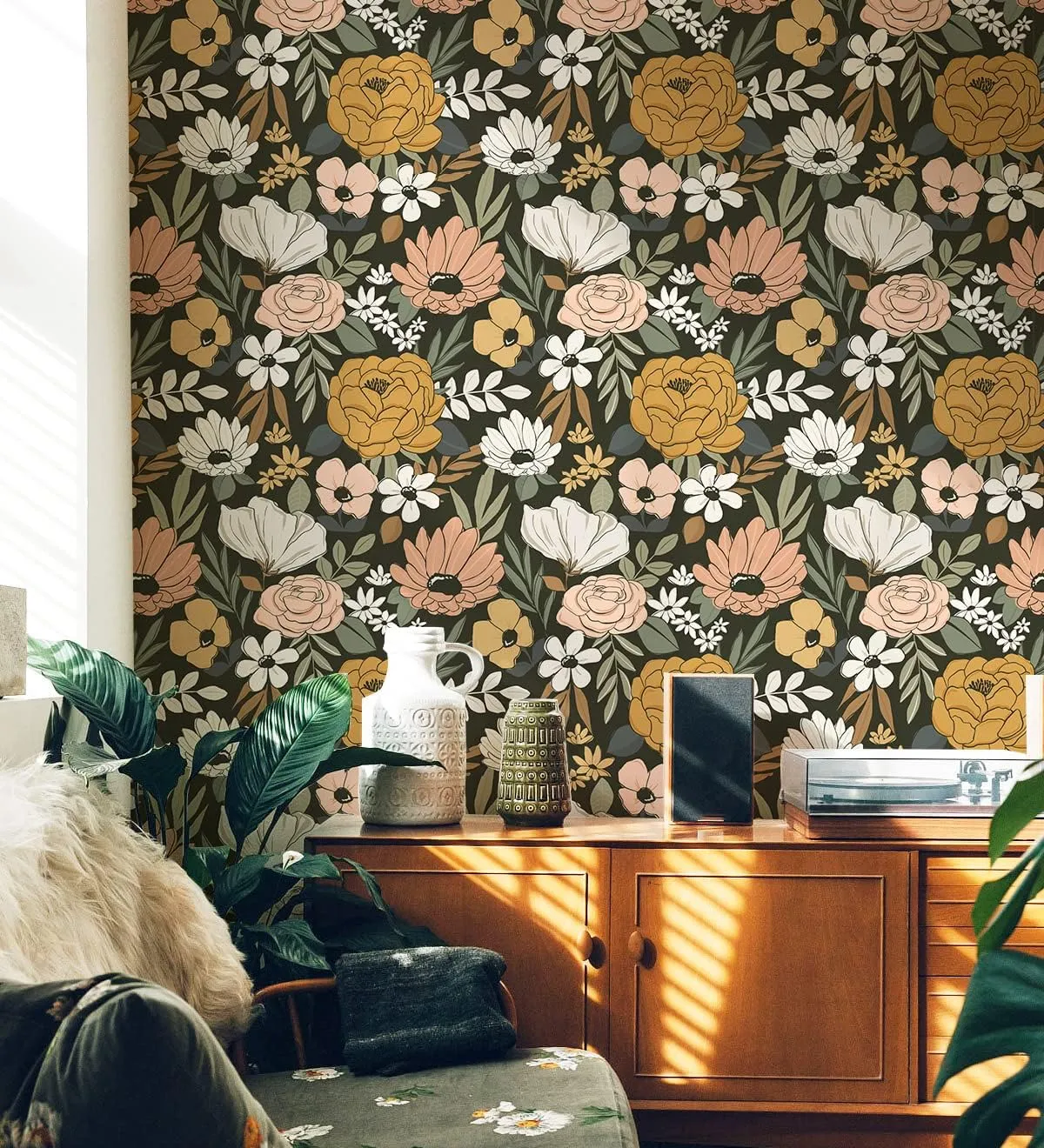 HAOKHOME Vintage Large Floral Peel and Stick Wallpaper Removable Daisy Leaf Black/Sand/Oliva Vinyl Self Adhesive Mural 17.7in x 32.8ft