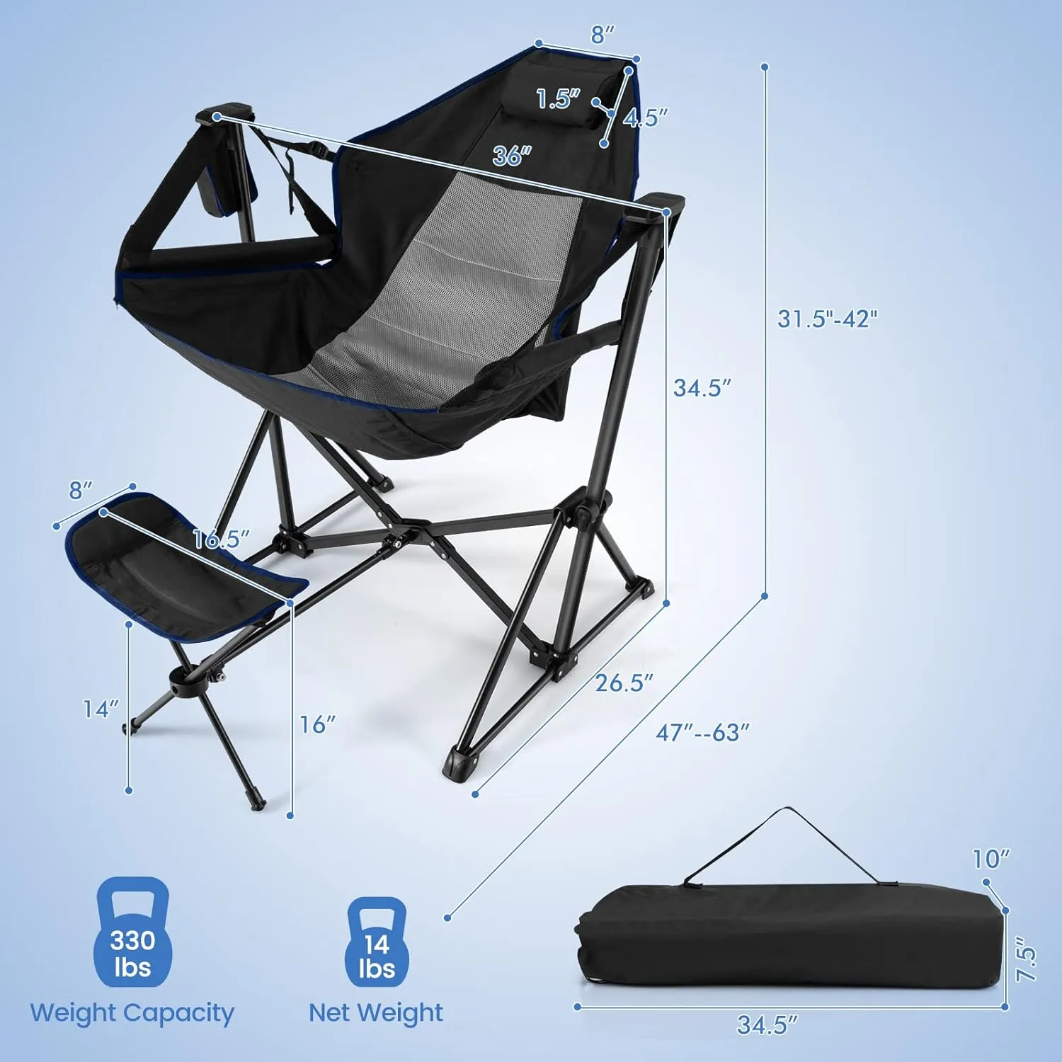 HAPPYGRILL Hammock Camping Chair Folding Camping Swinging Chair with Retractable Footrest, Cozy Head Pillow, Carrying Bag, Portable Lightweight Rocking Chair for Camping Fishing Picnic