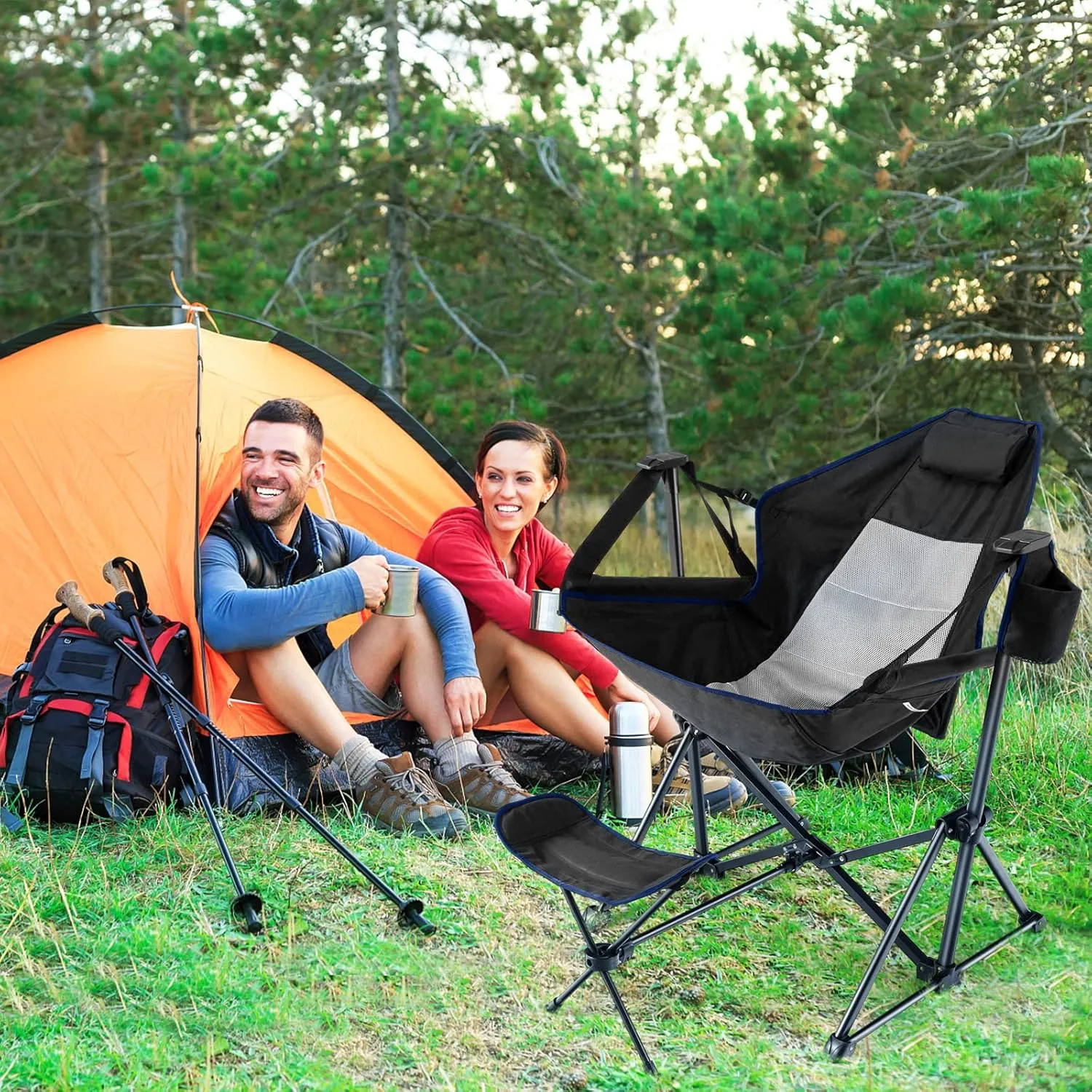 HAPPYGRILL Hammock Camping Chair Folding Camping Swinging Chair with Retractable Footrest, Cozy Head Pillow, Carrying Bag, Portable Lightweight Rocking Chair for Camping Fishing Picnic
