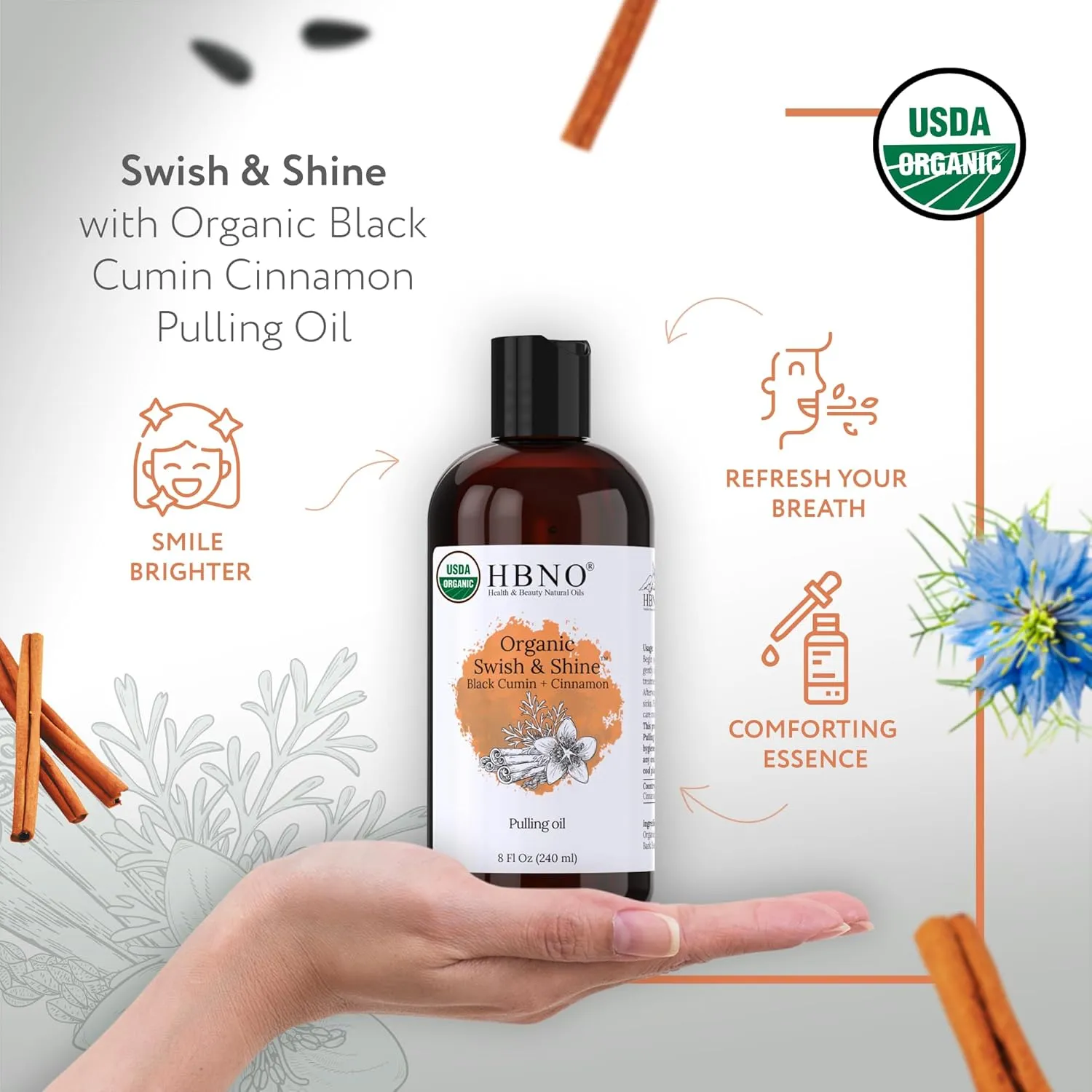 HBNO Black Cumin Oil pulling cinnamon - Huge 8 oz (240ml) Value Size - Ideal for everyday use as a mouth freshener