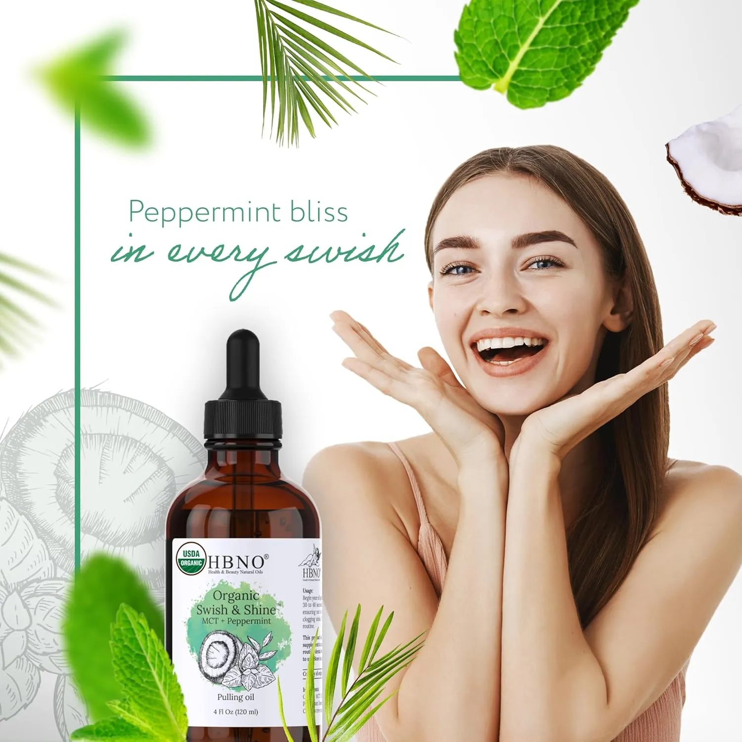 HBNO MCT Oil Pulling Peppermint - Huge 4 oz (120ml) Value Size - Ideal for Everyday use as a Mouth freshener