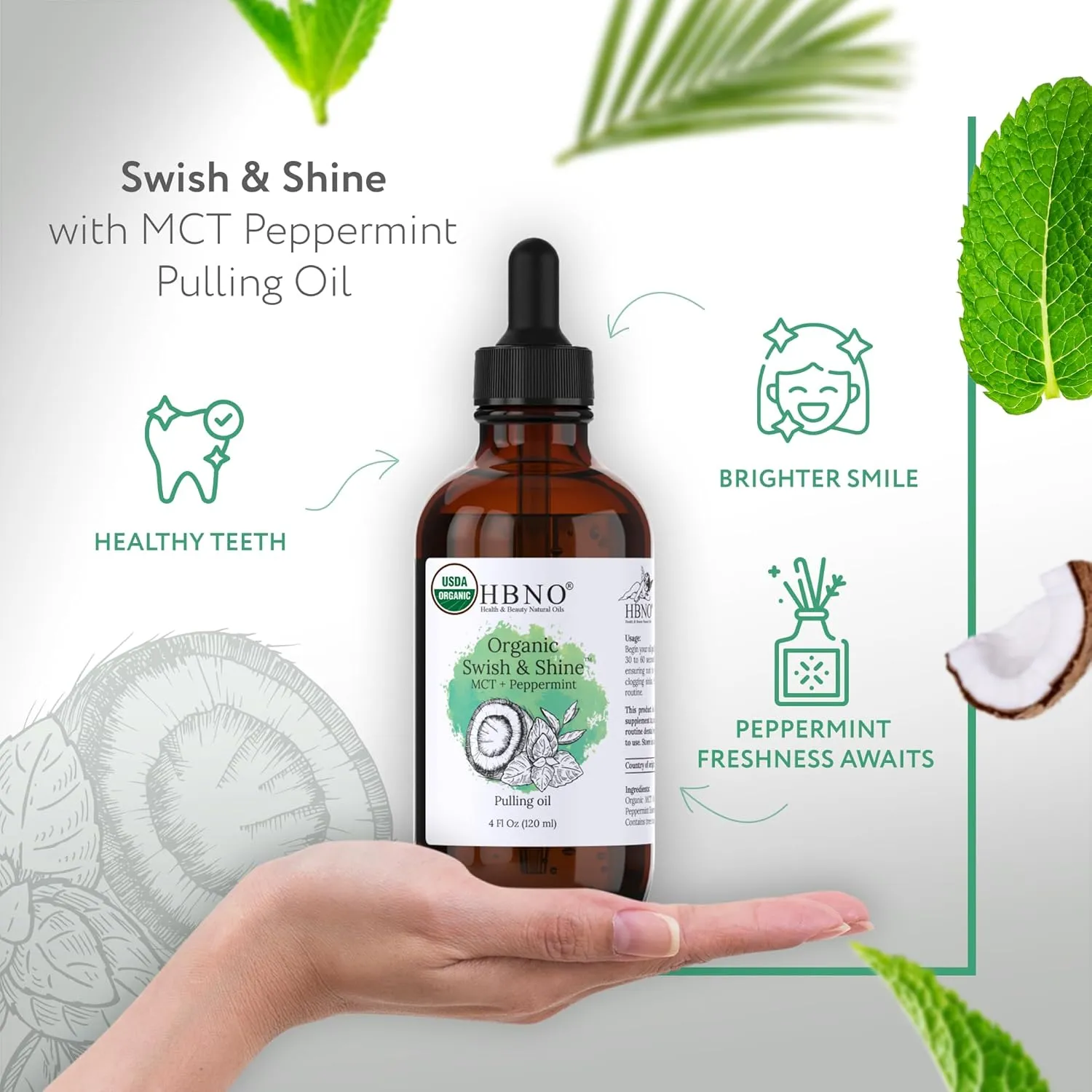 HBNO MCT Oil Pulling Peppermint - Huge 4 oz (120ml) Value Size - Ideal for Everyday use as a Mouth freshener