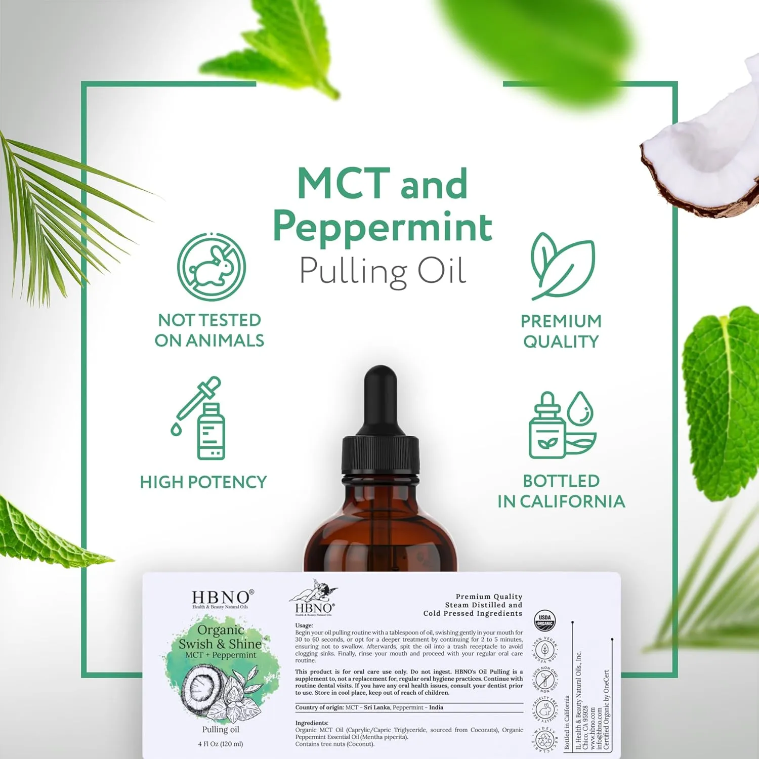 HBNO MCT Oil Pulling Peppermint - Huge 4 oz (120ml) Value Size - Ideal for Everyday use as a Mouth freshener