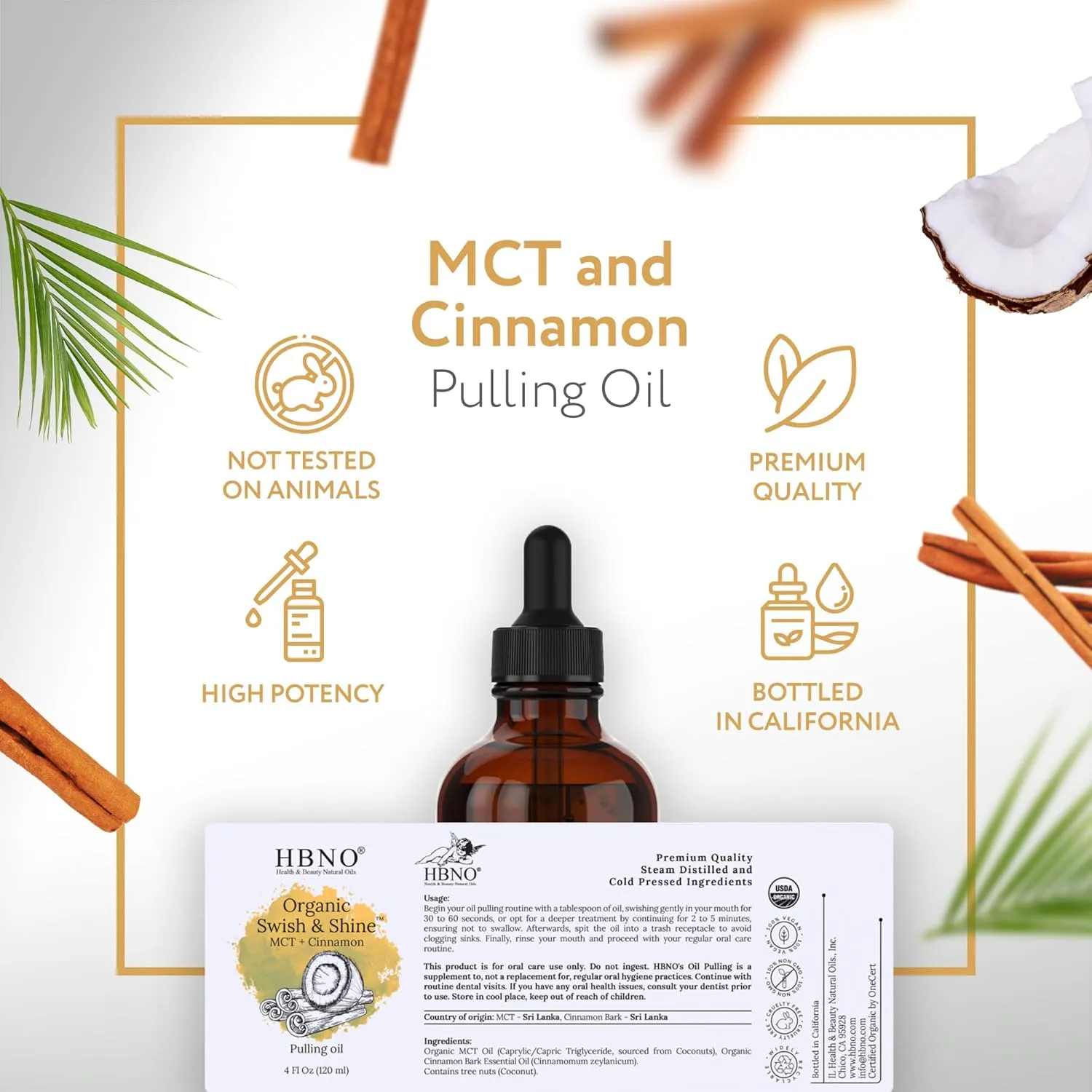 HBNO Swish & Shine MCT & Cinnamon Pulling Oil- Huge 4 oz (120ml) Value Size - Ideal for Everyday use as a Mouth freshener