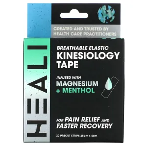 Heali Kinesiology Tape with Magnesium and Menthol, 20 Pcs Precut Strips, K Tape Roll, Knees, Physical Therapy Sports Tape for Muscle and Joint Pain Relief, Water Resistant, White with Blue Camo