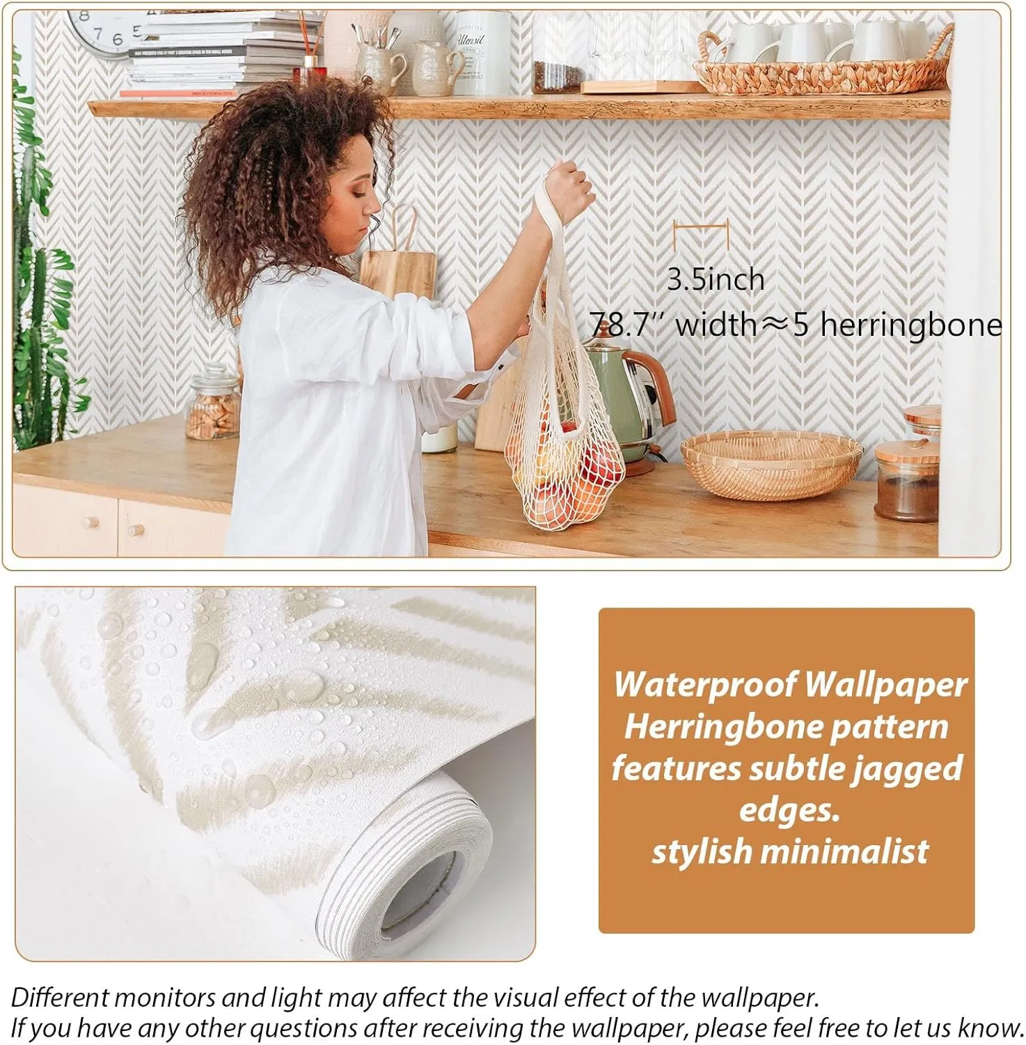 Herringbone Peel and Stick Wallpaper Boho Contact Paper for Cabinets Drawers Modern Chevron Farmhouse Self Adhesive Removable Wallpaper for Bedroom Vinyl Waterproof Shelf Liner 17.3inW 197inL