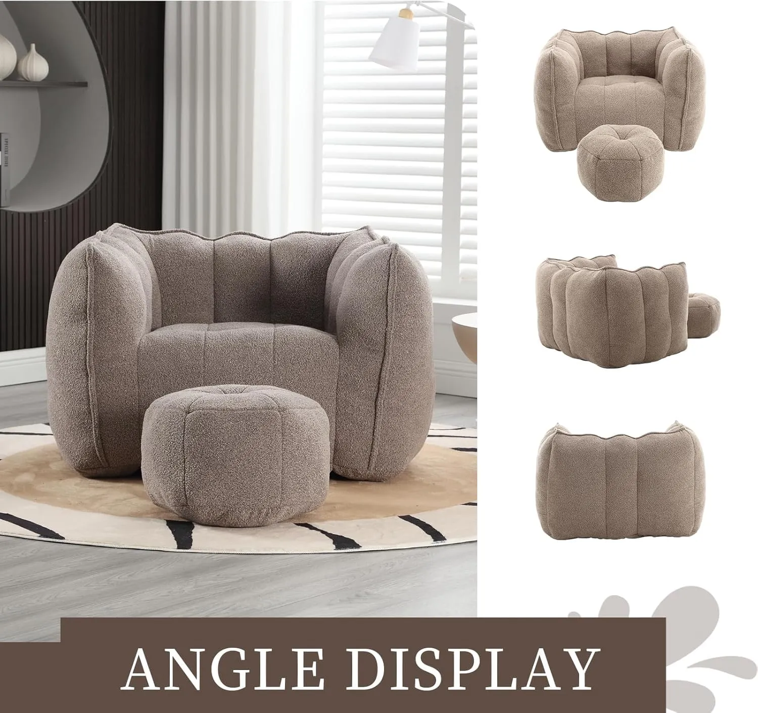 HMFULE Bean Bag Chairs with Ottoman, Bean Bag Sofa Bean Bag Couch Modern Lazy Sofa Chair with High Resilient Foam Armrests for Living Room, Bedroom, Apartment,Coffee