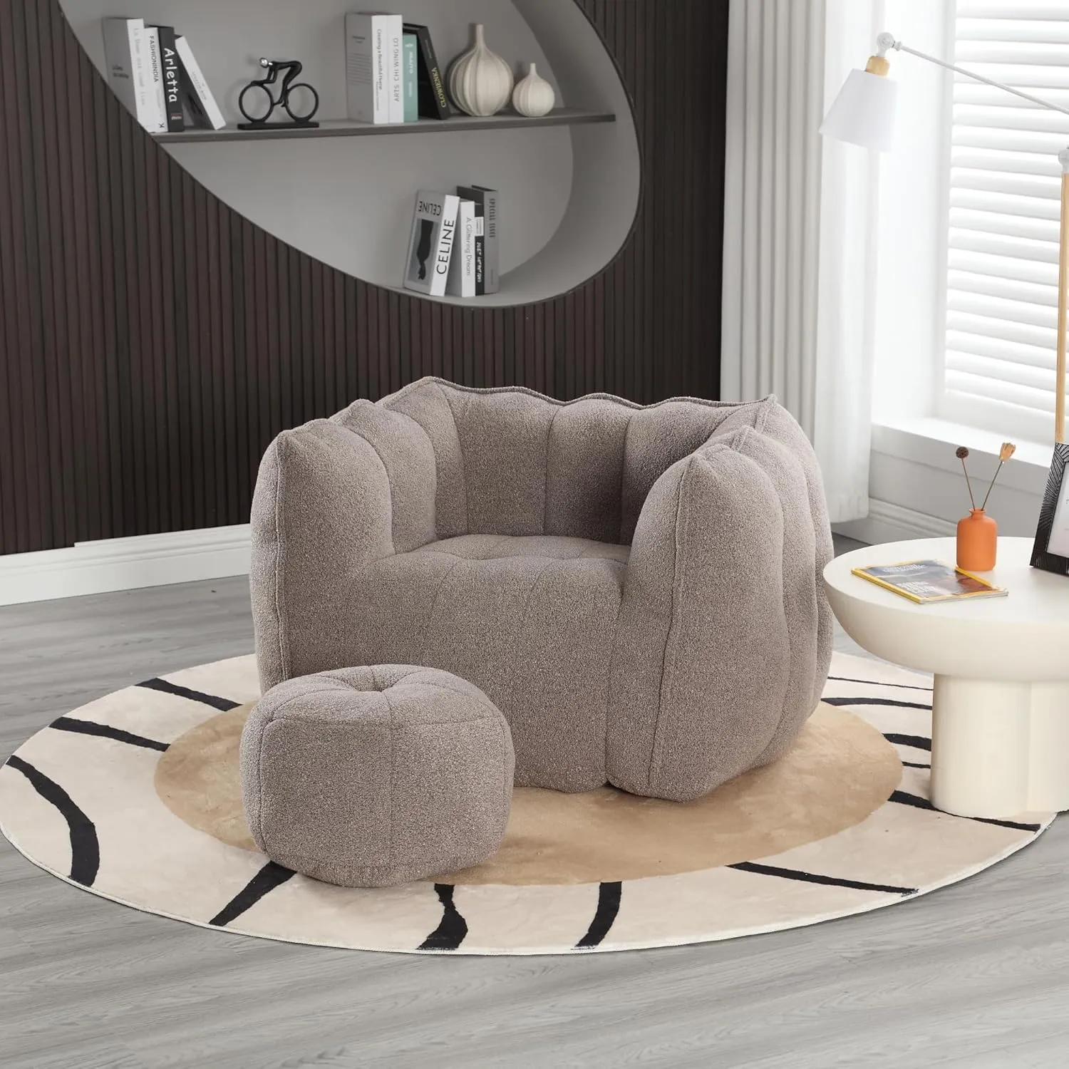 HMFULE Bean Bag Chairs with Ottoman, Bean Bag Sofa Bean Bag Couch Modern Lazy Sofa Chair with High Resilient Foam Armrests for Living Room, Bedroom, Apartment,Coffee