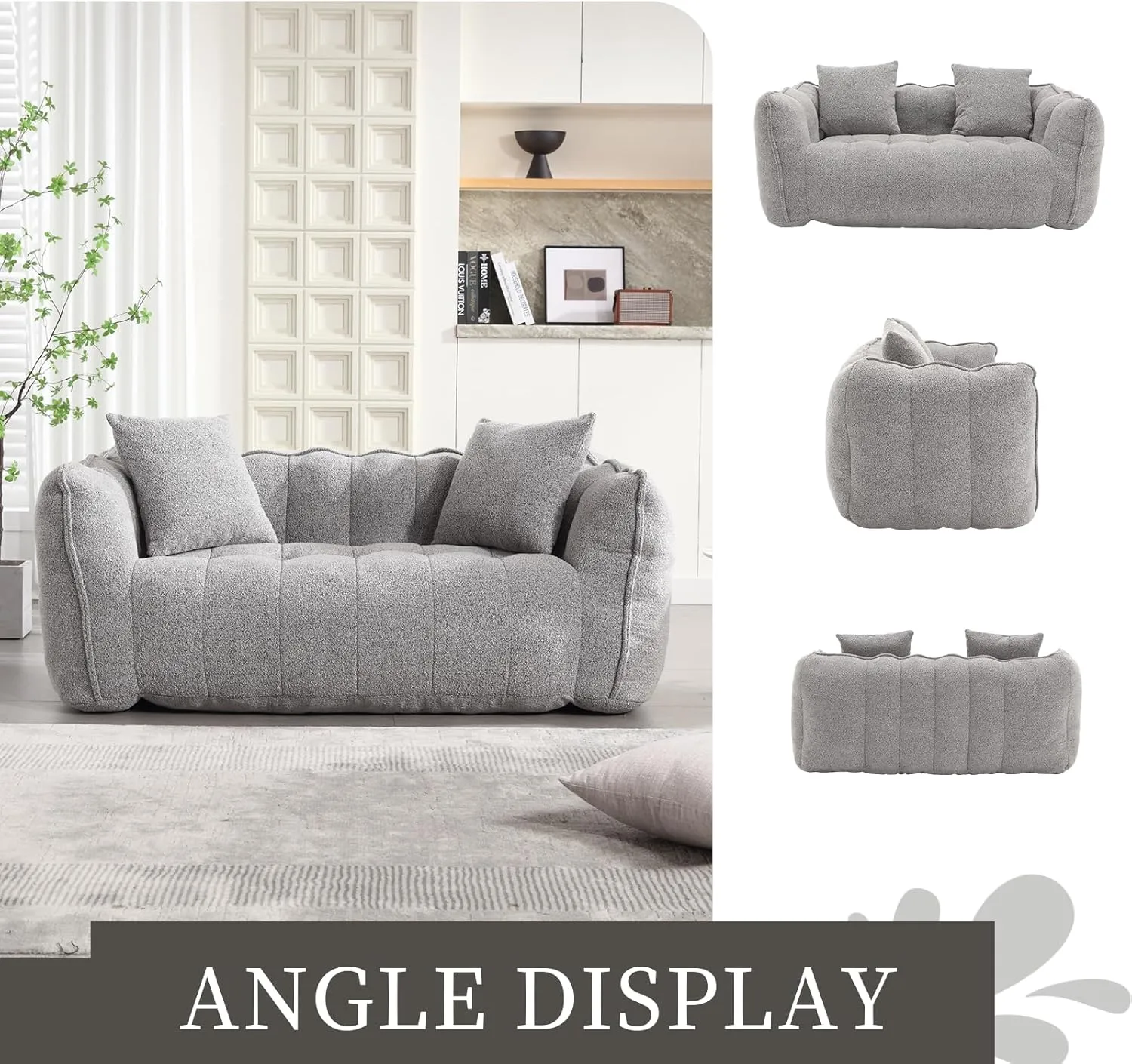 HMFULE Twin Size Bean Bag Chairs for Adults, Bean Bag Couch, Loveseat Bean Bag Sofa Modern Lazy Sofa Chair with Armrests for Living Room, Bedroom, Apartment Grey