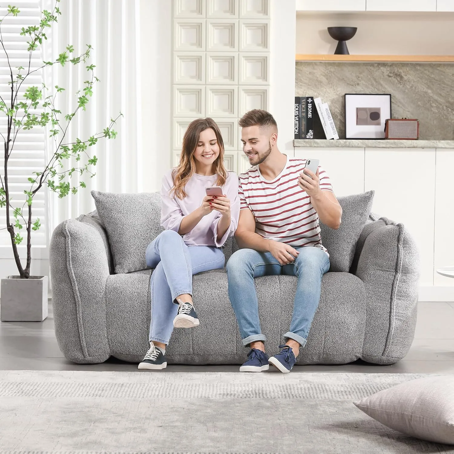 HMFULE Twin Size Bean Bag Chairs for Adults, Bean Bag Couch, Loveseat Bean Bag Sofa Modern Lazy Sofa Chair with Armrests for Living Room, Bedroom, Apartment Grey