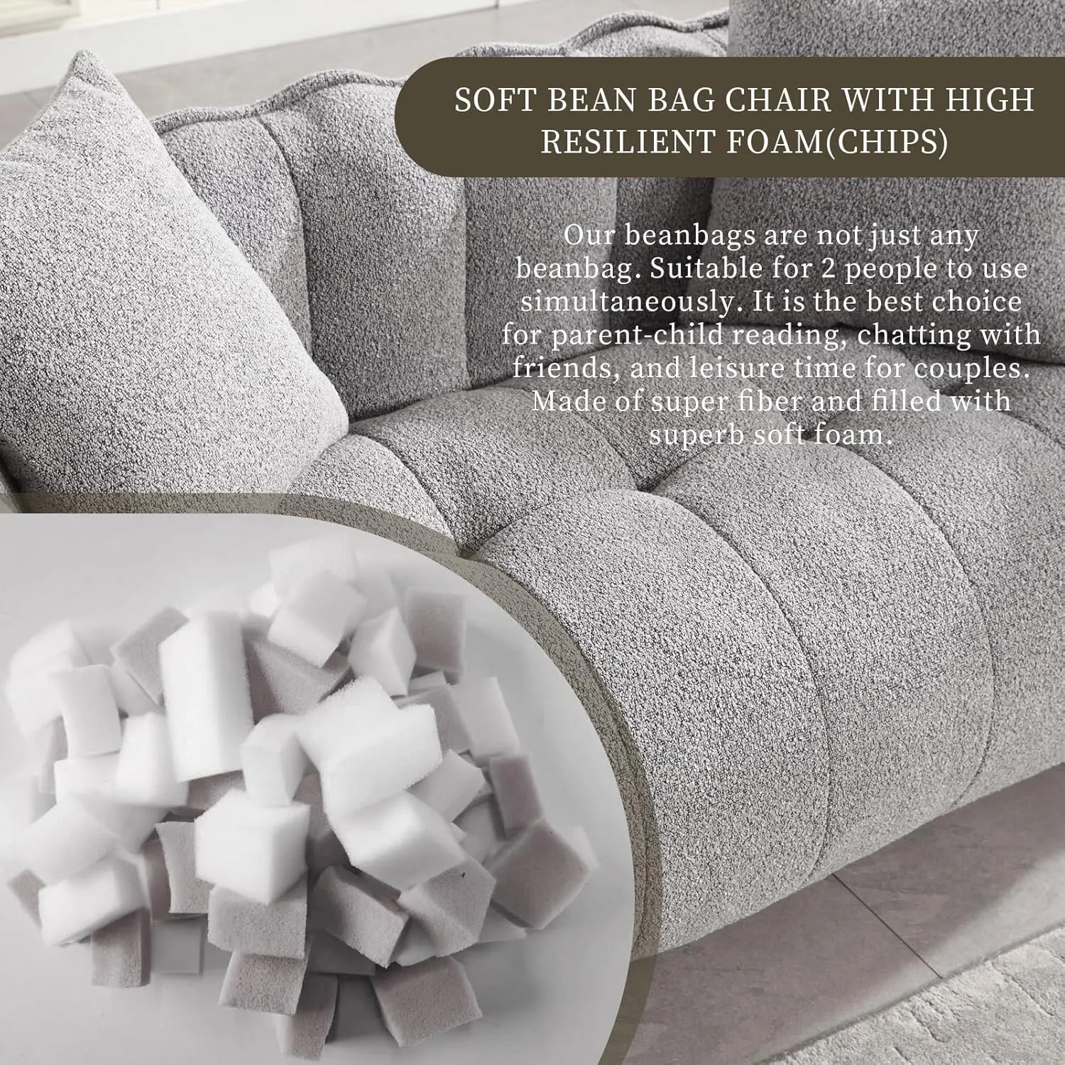 HMFULE Twin Size Bean Bag Chairs for Adults, Bean Bag Couch, Loveseat Bean Bag Sofa Modern Lazy Sofa Chair with Armrests for Living Room, Bedroom, Apartment Grey