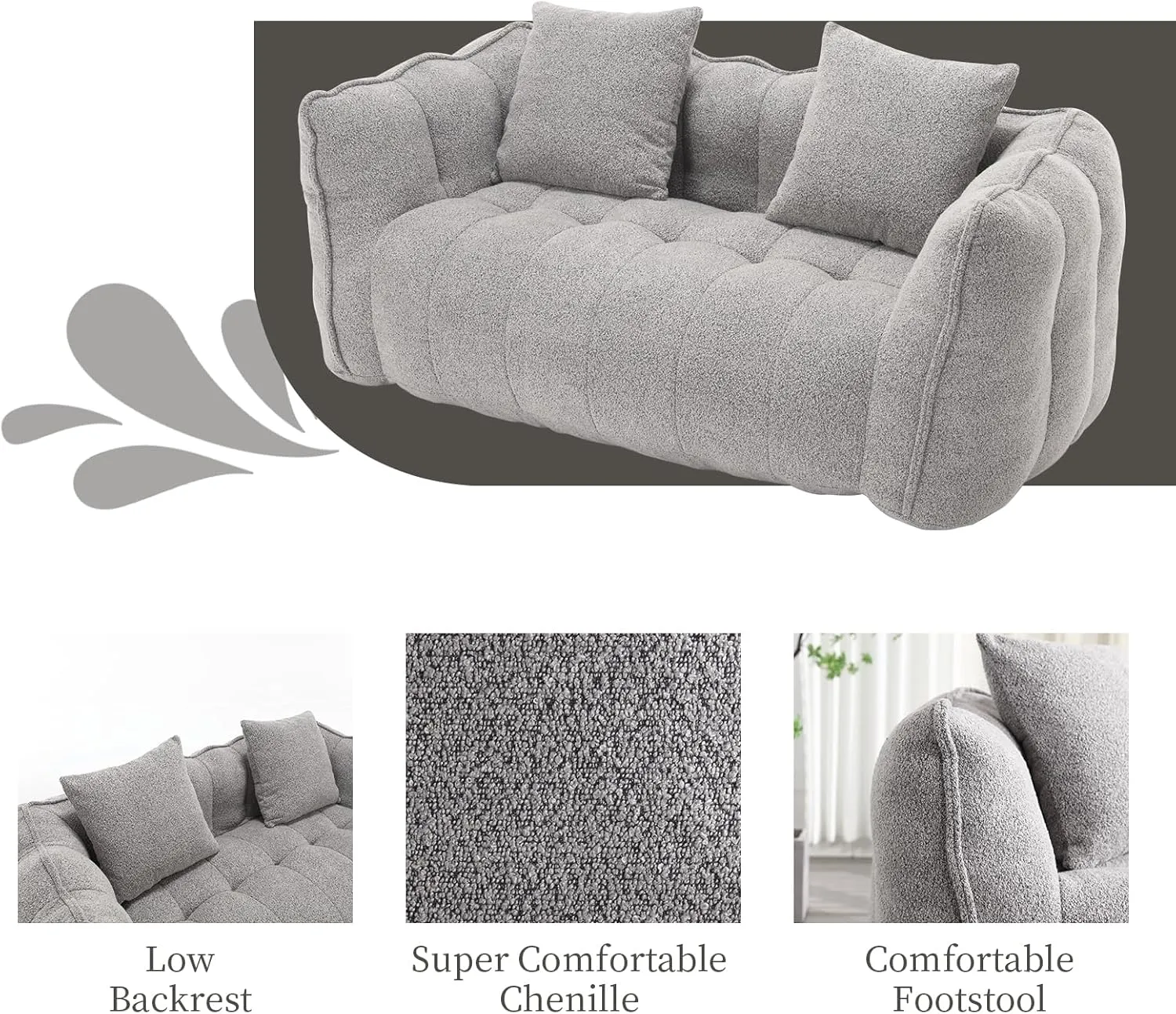HMFULE Twin Size Bean Bag Chairs for Adults, Bean Bag Couch, Loveseat Bean Bag Sofa Modern Lazy Sofa Chair with Armrests for Living Room, Bedroom, Apartment Grey
