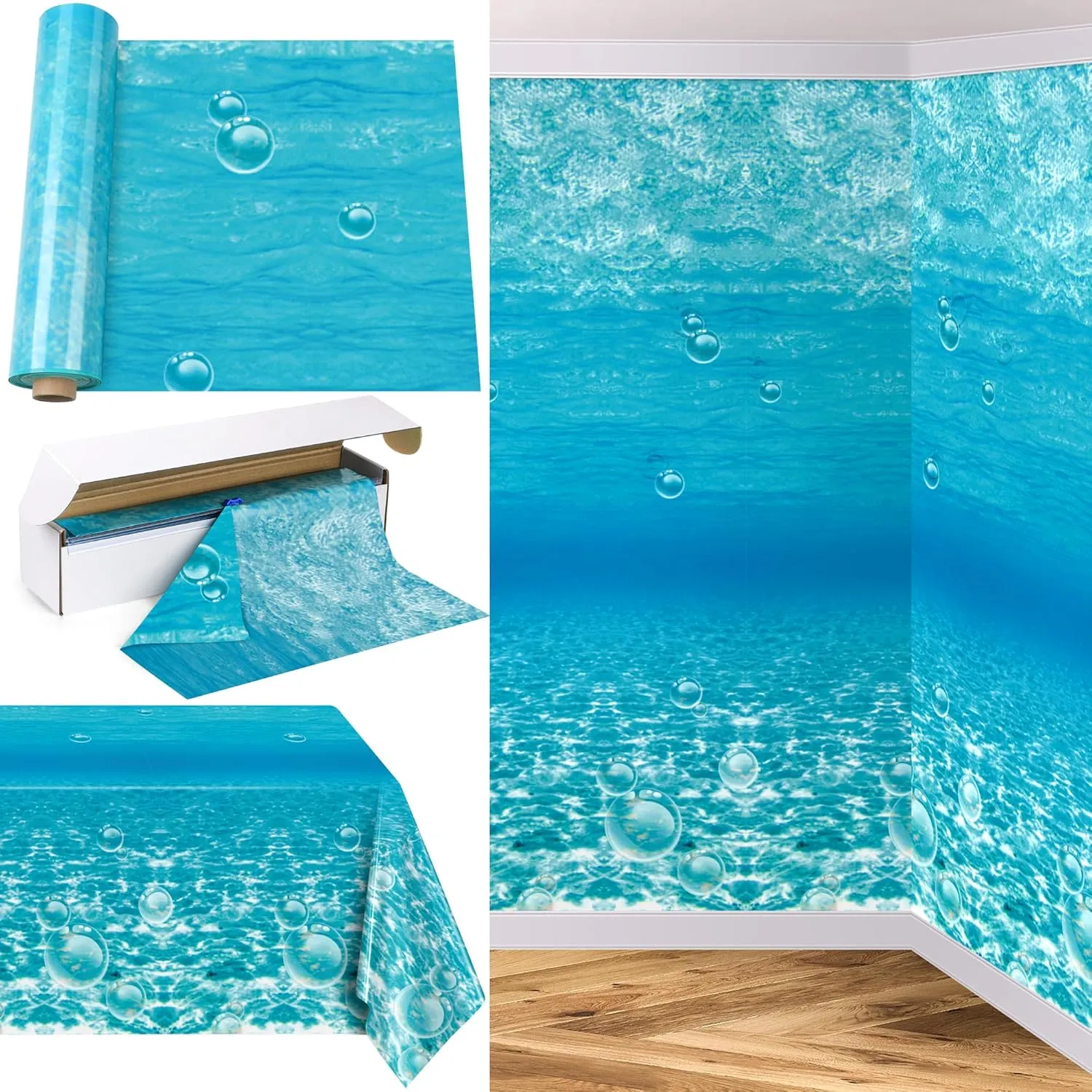 HOBBY HORSE 1200 x 54 Inch Under The Ocean Tablecloth Roll in Slide Cutter Box Disposable Ocean Backdrop Mermaid Table Cover Ocean Waves Bulletin Board Plastic Roll for Beach Birthday Classroom Decor