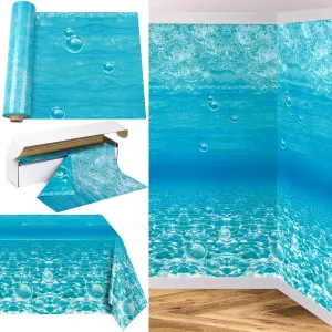 HOBBY HORSE 1200 x 54 Inch Under The Ocean Tablecloth Roll in Slide Cutter Box Disposable Ocean Backdrop Mermaid Table Cover Ocean Waves Bulletin Board Plastic Roll for Beach Birthday Classroom Decor