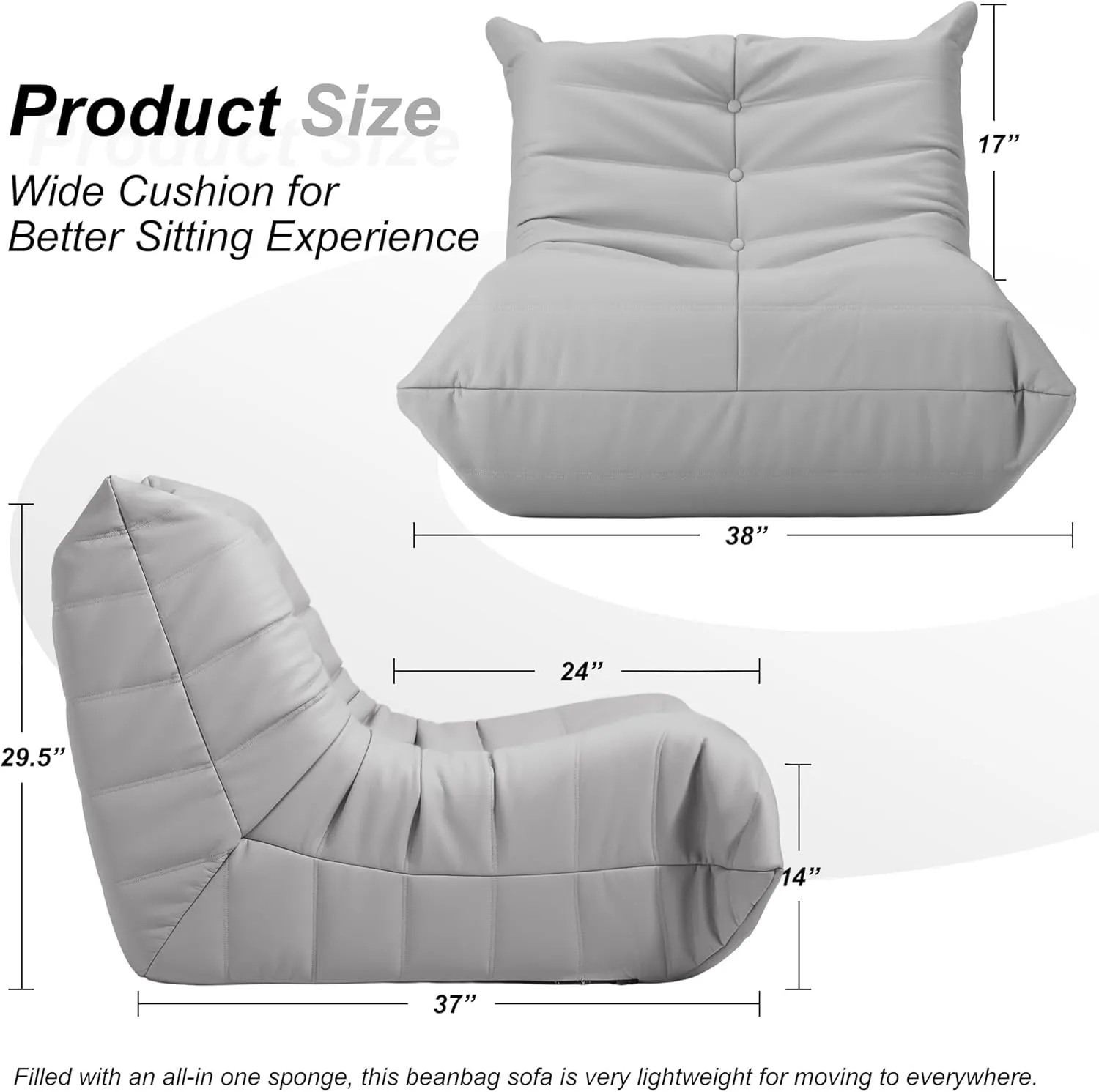 Hobestluk Bean Bag Chair Giant Bean Bag Sofa Memory Foam Bean Bag Chairs for Adults, Bean Bag Couches Faux Leather Bean Bag Chairs for Living Room Bedroom Dorm Office (Light Grey)