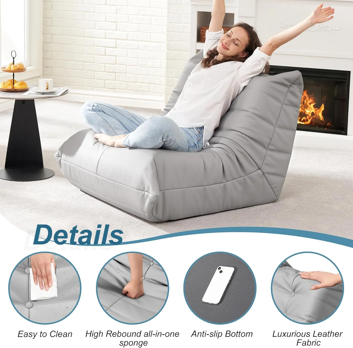 Hobestluk Bean Bag Chair Giant Bean Bag Sofa Memory Foam Bean Bag Chairs for Adults, Bean Bag Couches Faux Leather Bean Bag Chairs for Living Room Bedroom Dorm Office (Light Grey)