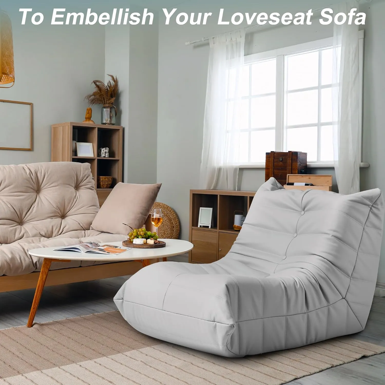 Hobestluk Bean Bag Chair Giant Bean Bag Sofa Memory Foam Bean Bag Chairs for Adults, Bean Bag Couches Faux Leather Bean Bag Chairs for Living Room Bedroom Dorm Office (Light Grey)