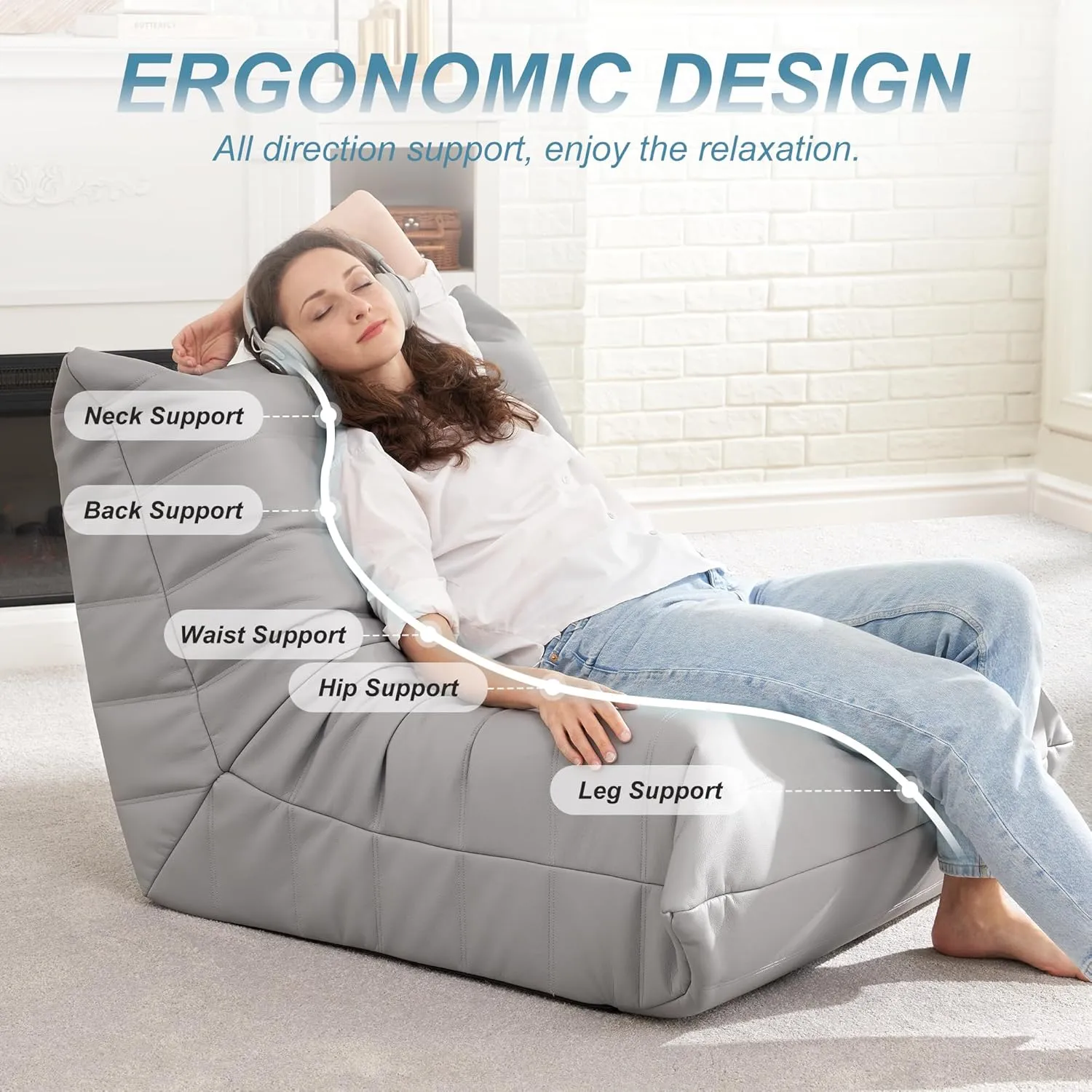 Hobestluk Bean Bag Chair Giant Bean Bag Sofa Memory Foam Bean Bag Chairs for Adults, Bean Bag Couches Faux Leather Bean Bag Chairs for Living Room Bedroom Dorm Office (Light Grey)