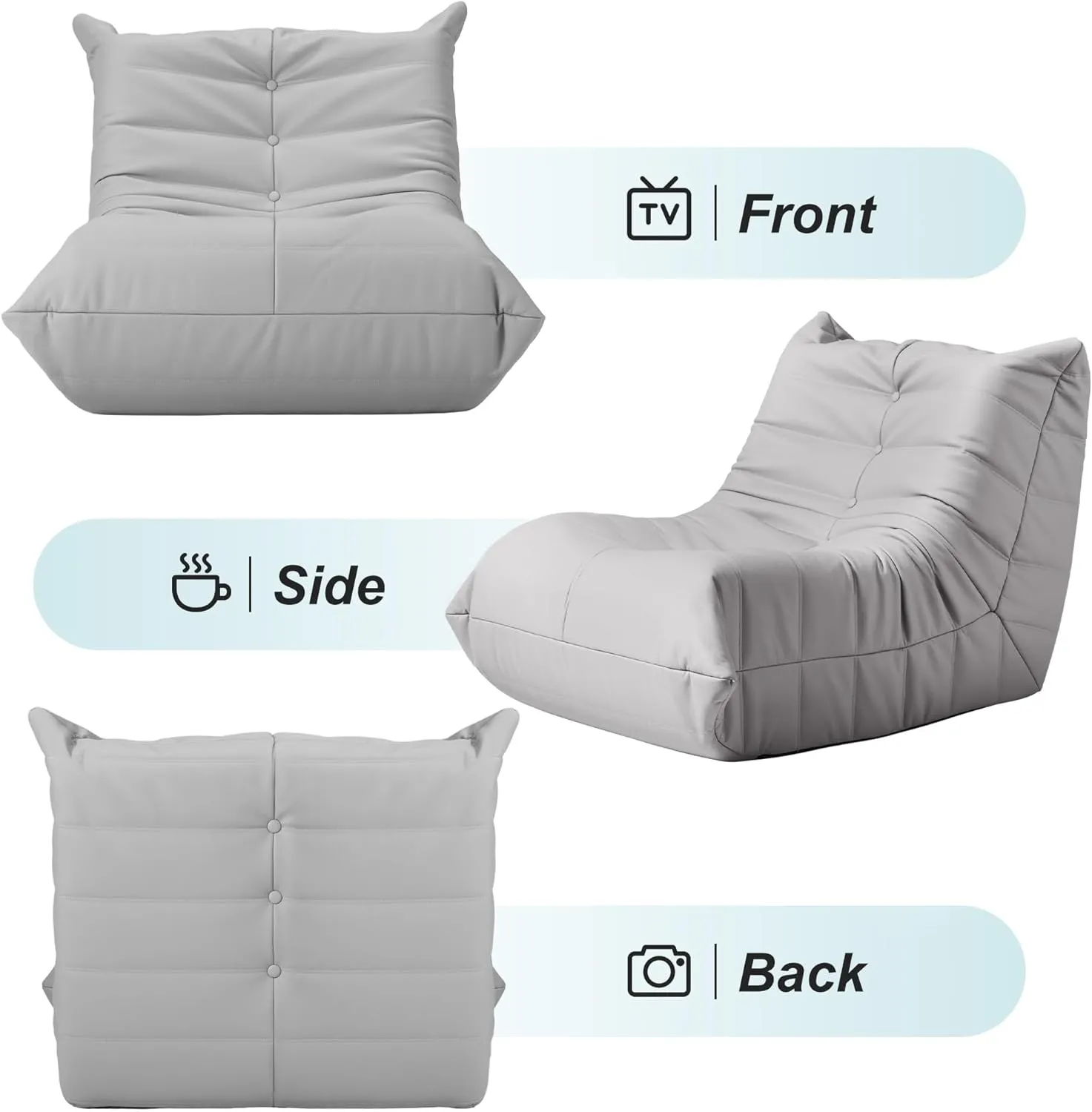 Hobestluk Bean Bag Chair Giant Bean Bag Sofa Memory Foam Bean Bag Chairs for Adults, Bean Bag Couches Faux Leather Bean Bag Chairs for Living Room Bedroom Dorm Office (Light Grey)