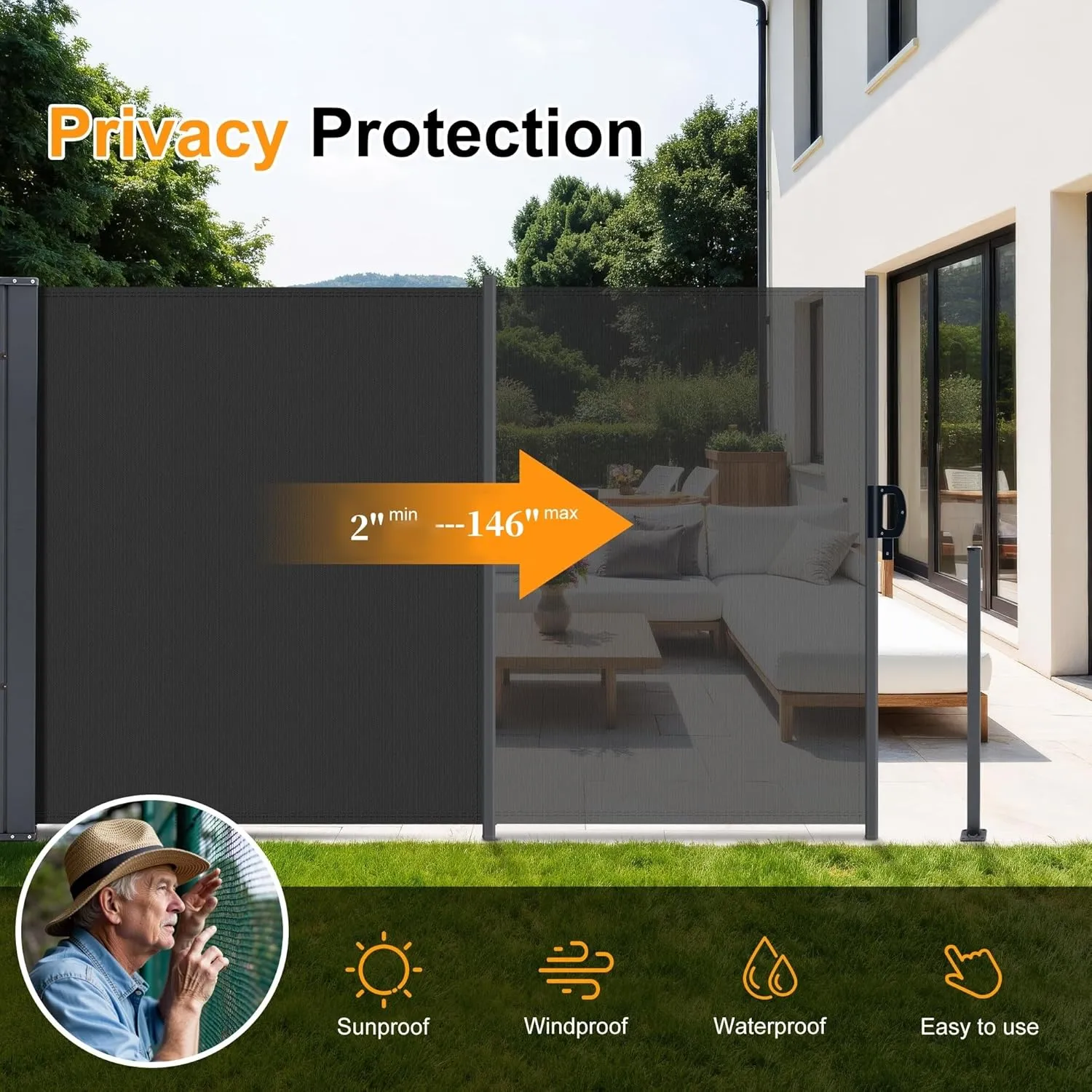 HOMEDEMO Retractable Side Awning 146" x 71" Carbon Gray, Privacy Screen Protection Awning, Waterproof & UV-Resistant Outdoor Side Pull Shade, for Patios, Balconies, and Gardens