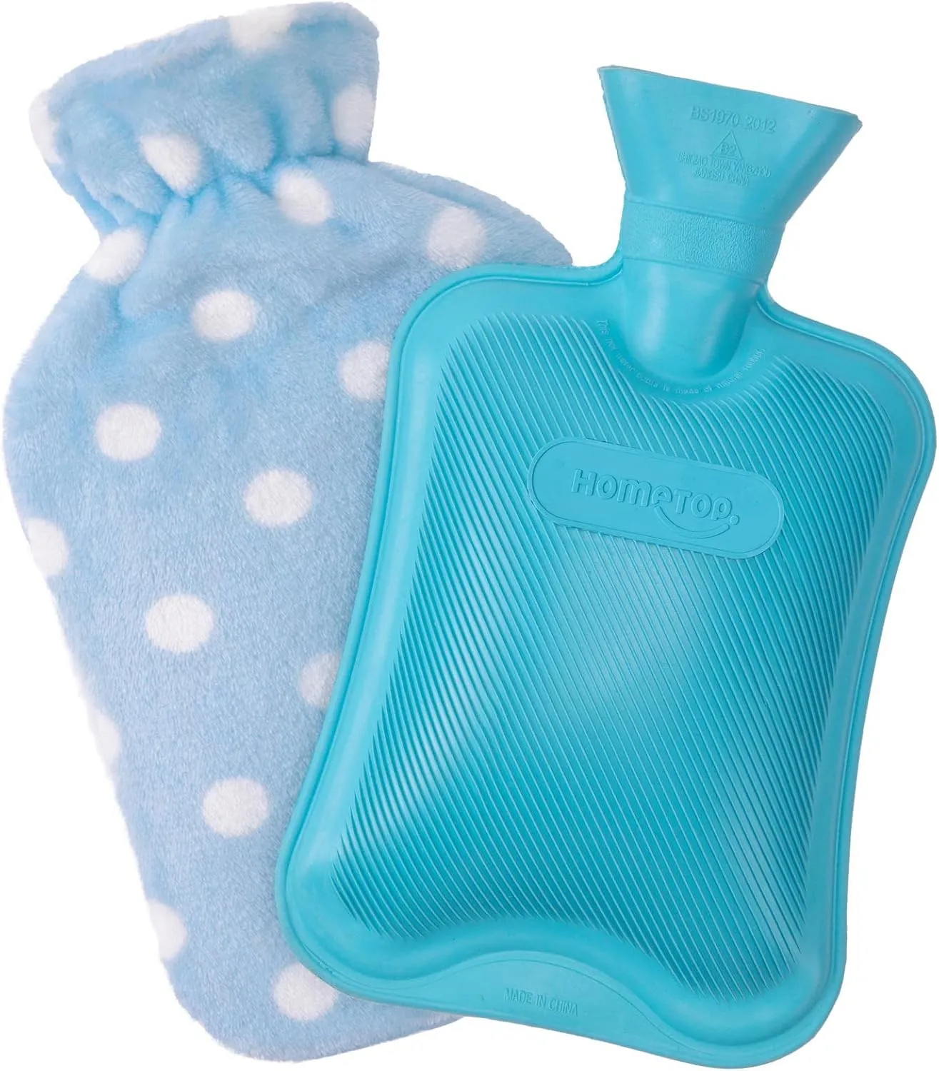 HomeTop Premium Classic Rubber Hot or Cold Water Bottle with Soft Fleece Cover (2 Liters, Blue/Blue Polka Dot)